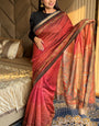 Crimson Maroon Ajrakh With Kalamkari Design Maslin silk Saree With Blouse