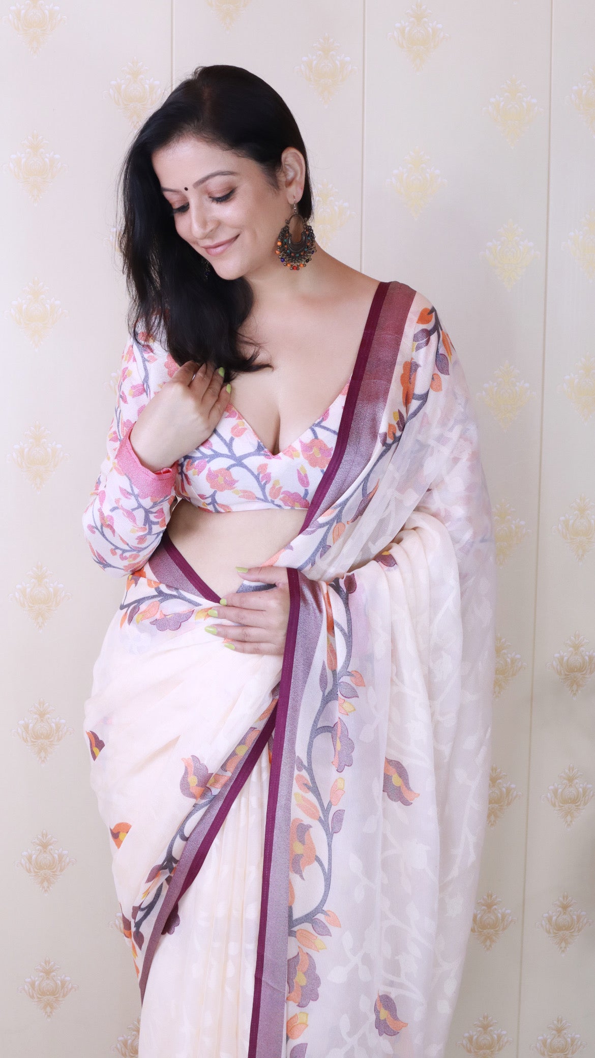 Wine And Creamy Jamdani Soft Silk Saree