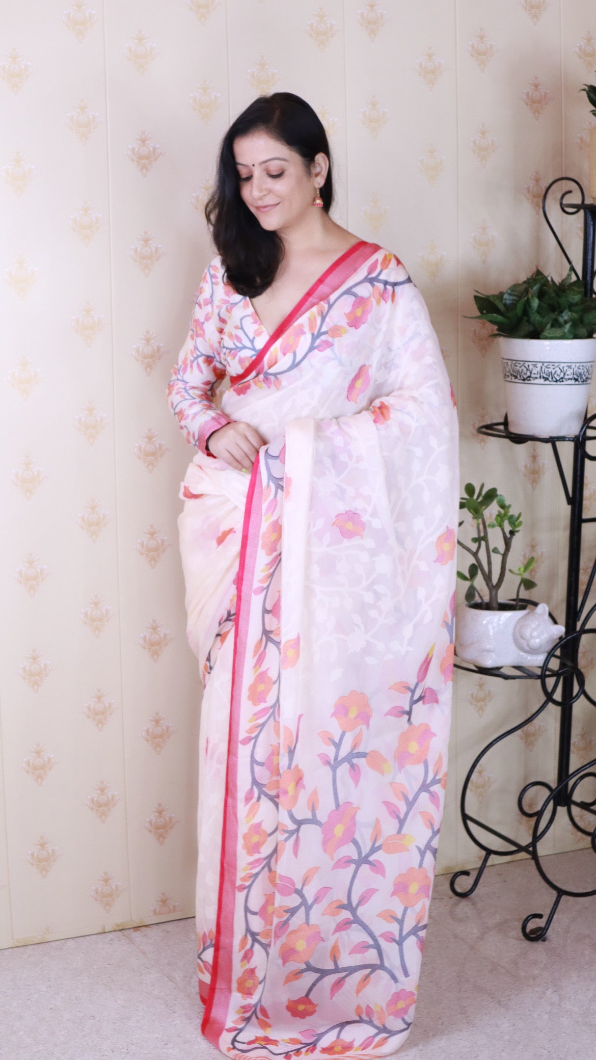 Red And Creamy Jamdani Soft Silk Saree