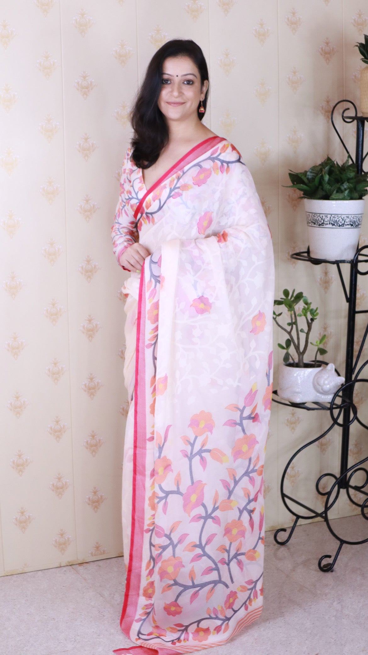 Pink And Creamy Jamdani Soft Silk Saree