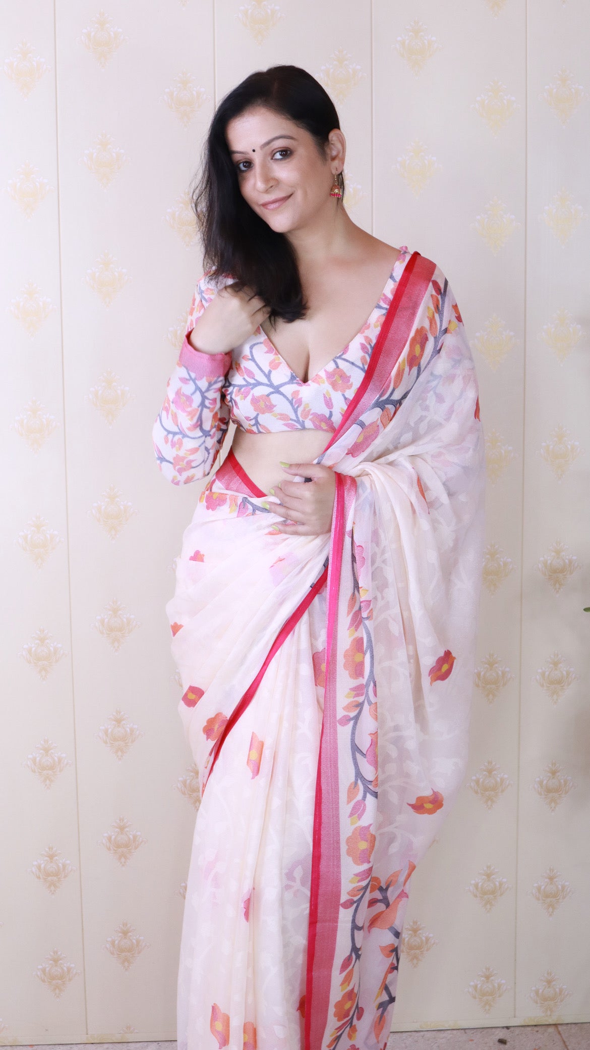 Pink And Creamy Jamdani Soft Silk Saree