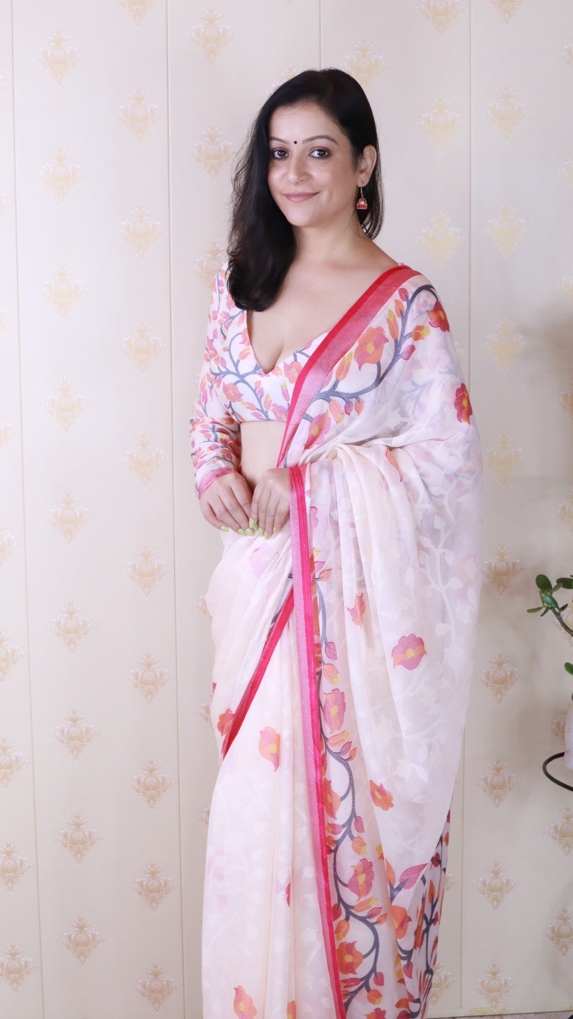 Pink And Creamy Jamdani Soft Silk Saree