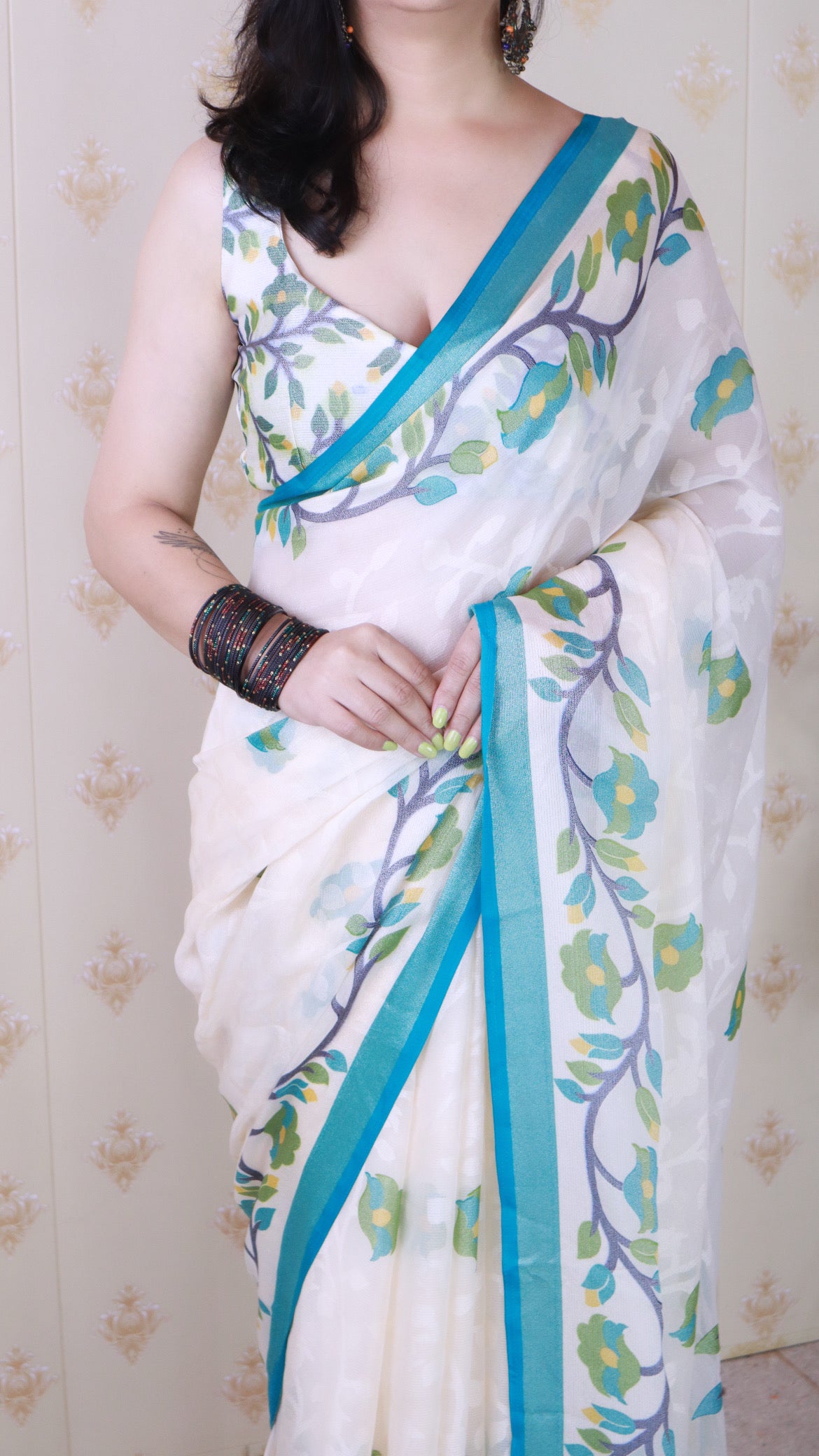 Rama And Creamy Jamdani Soft Silk Saree
