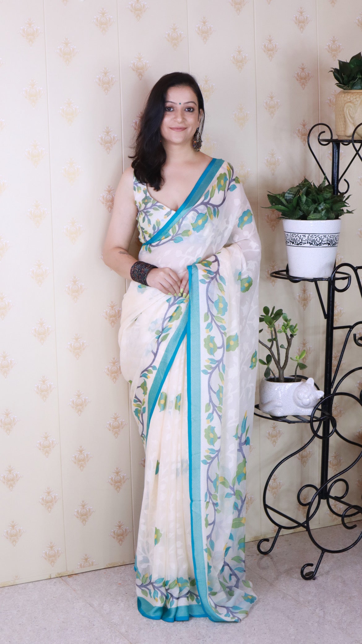 Rama And Creamy Jamdani Soft Silk Saree