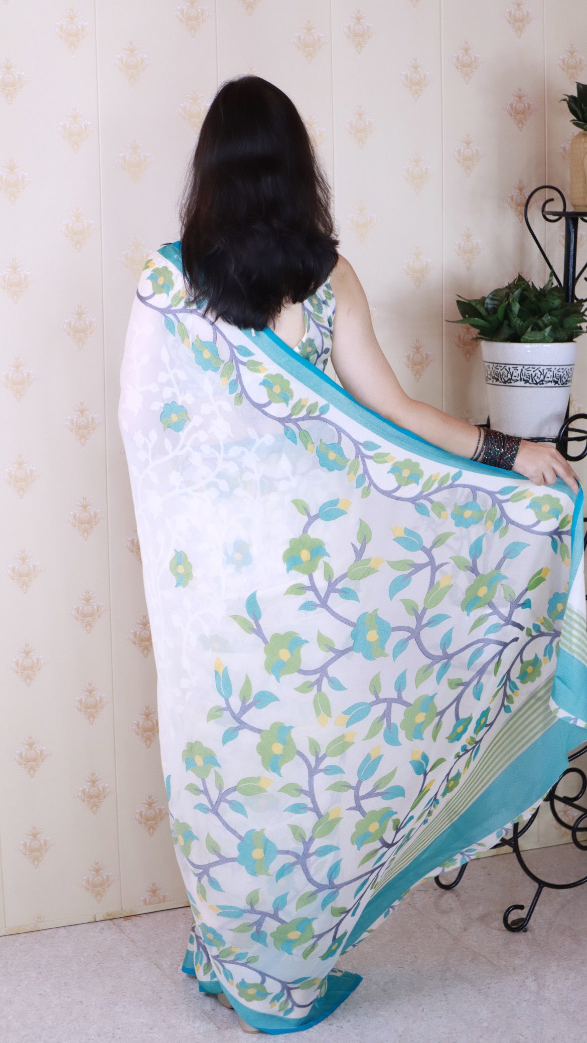Rama And Creamy Jamdani Soft Silk Saree