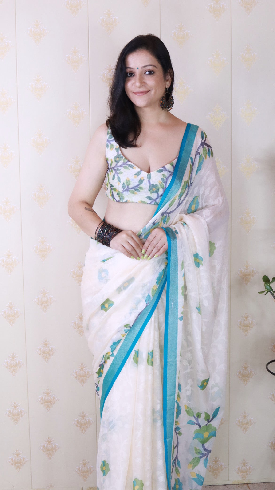 Rama And Creamy Jamdani Soft Silk Saree