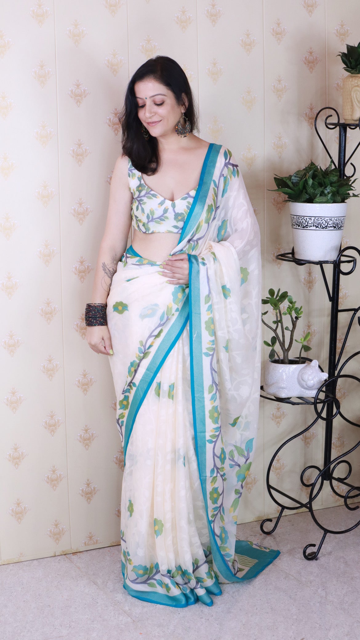 Rama And Creamy Jamdani Soft Silk Saree