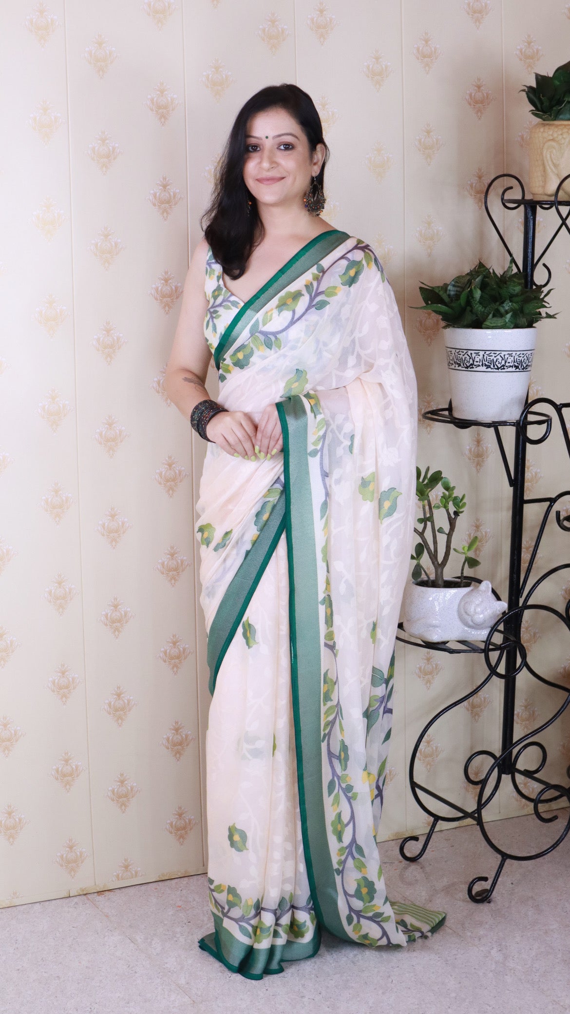 Dark Green And Creamy Jamdani Soft Silk Saree