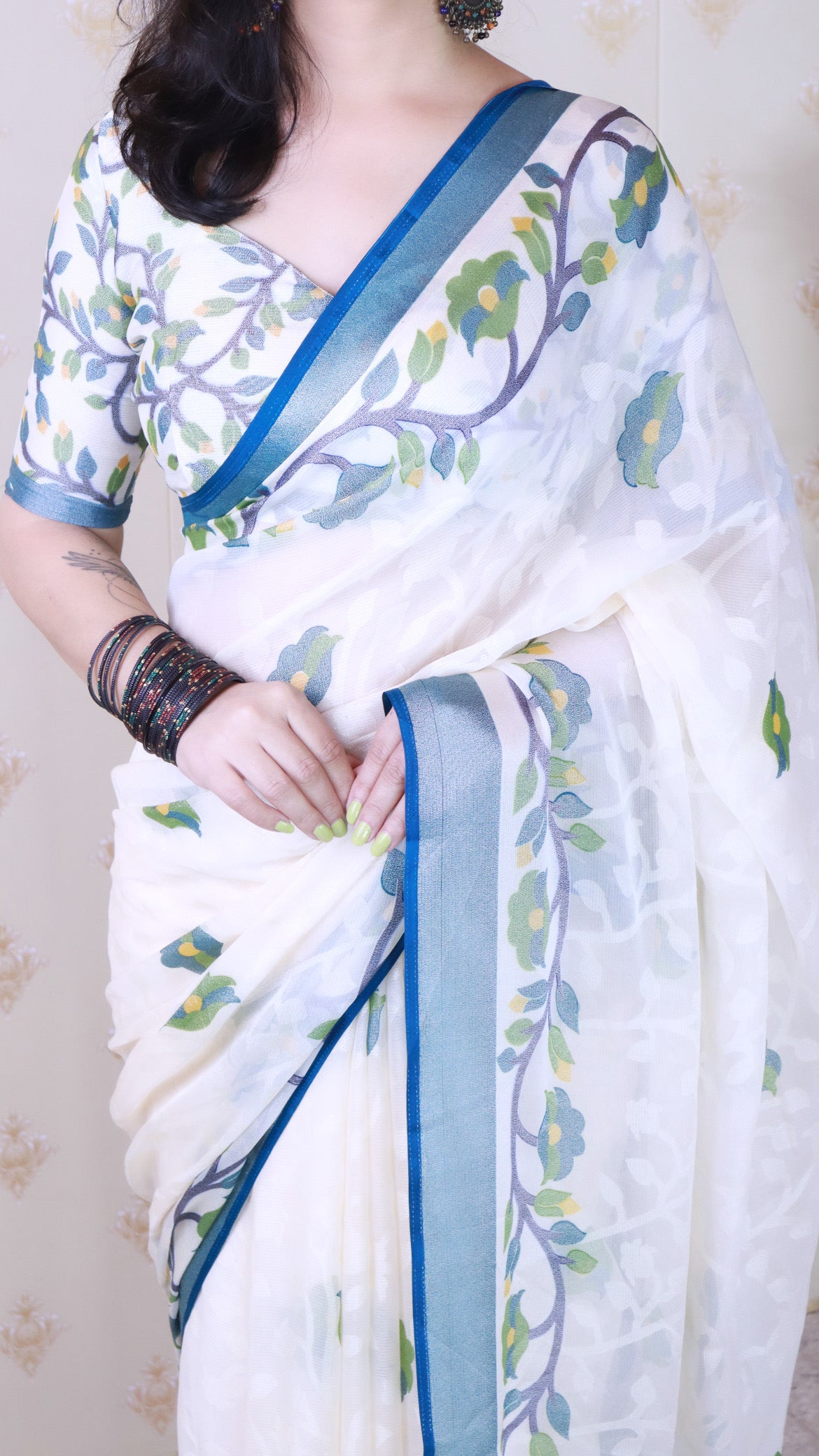 Indigo And Creamy Jamdani Soft Silk Saree