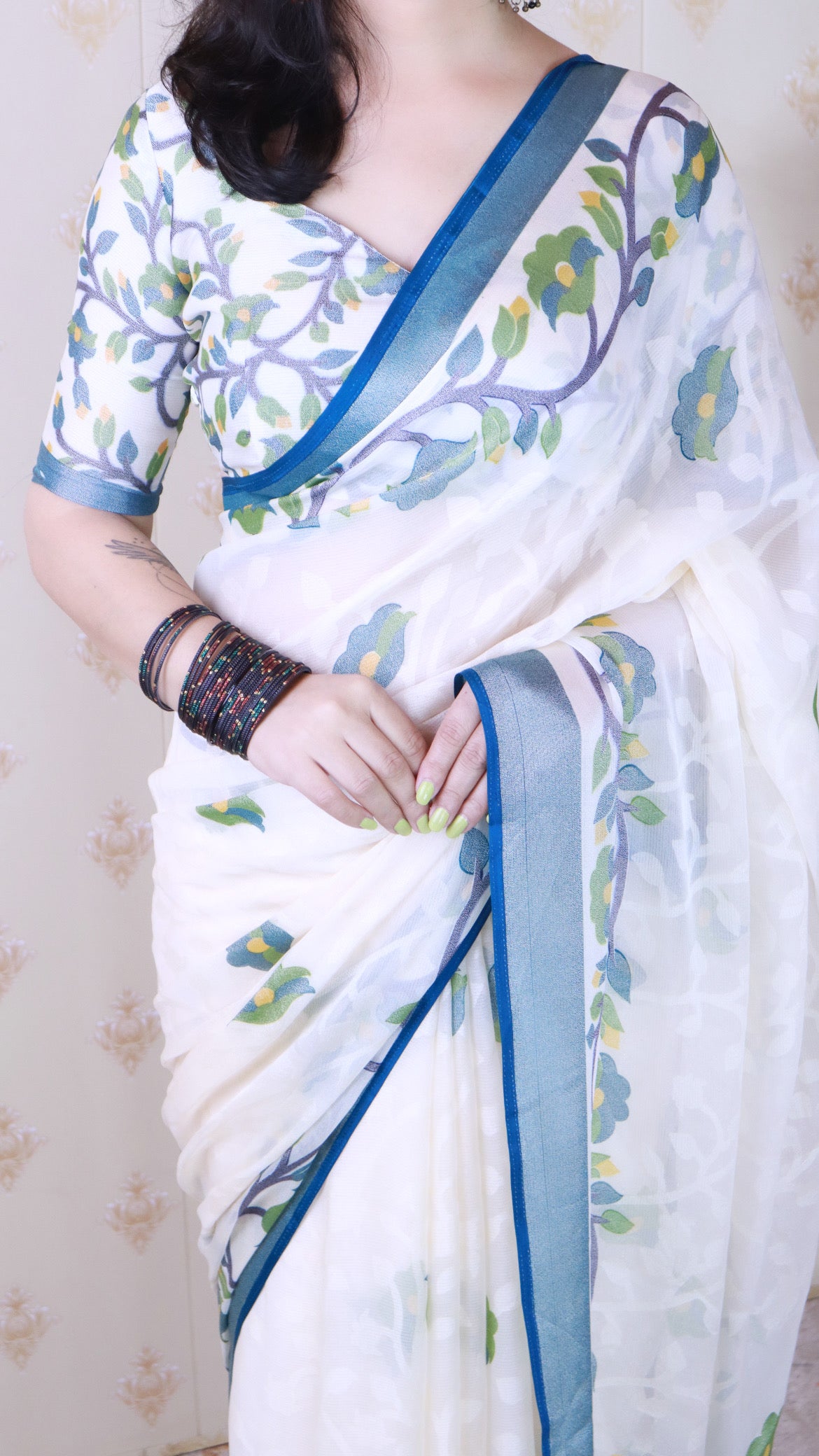 Indigo And Creamy Jamdani Soft Silk Saree