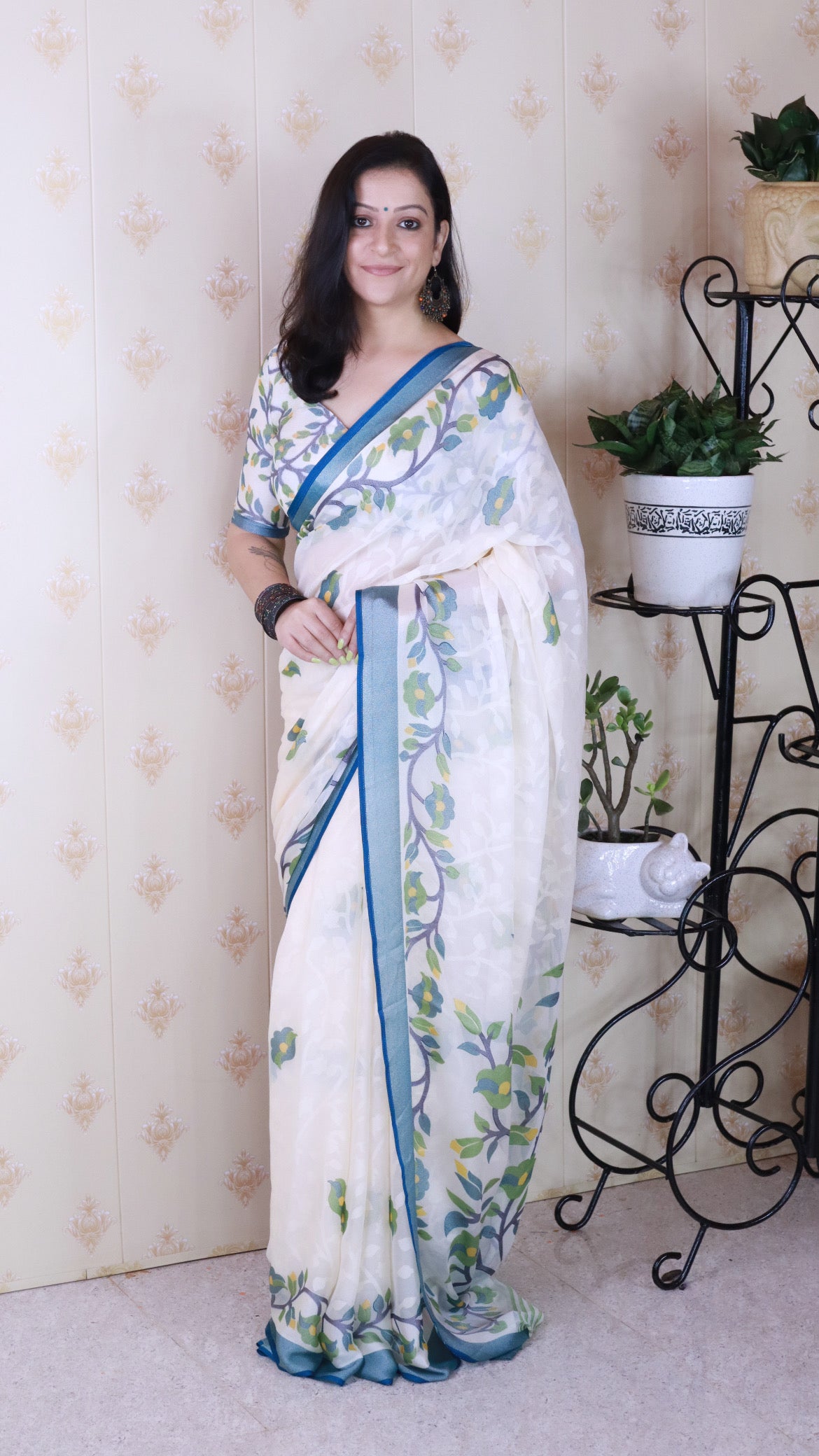 Indigo And Creamy Jamdani Soft Silk Saree