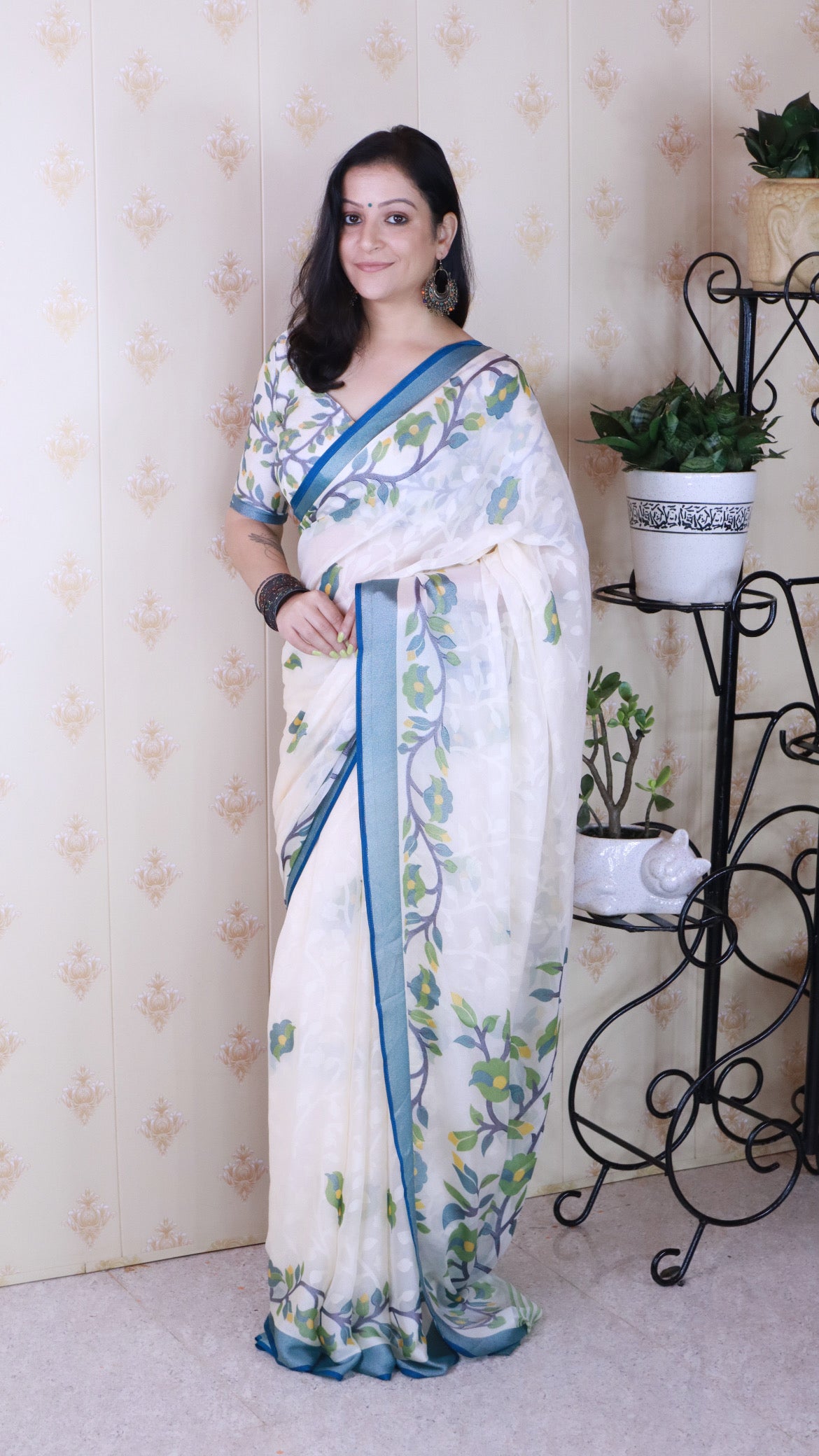 Indigo And Creamy Jamdani Soft Silk Saree