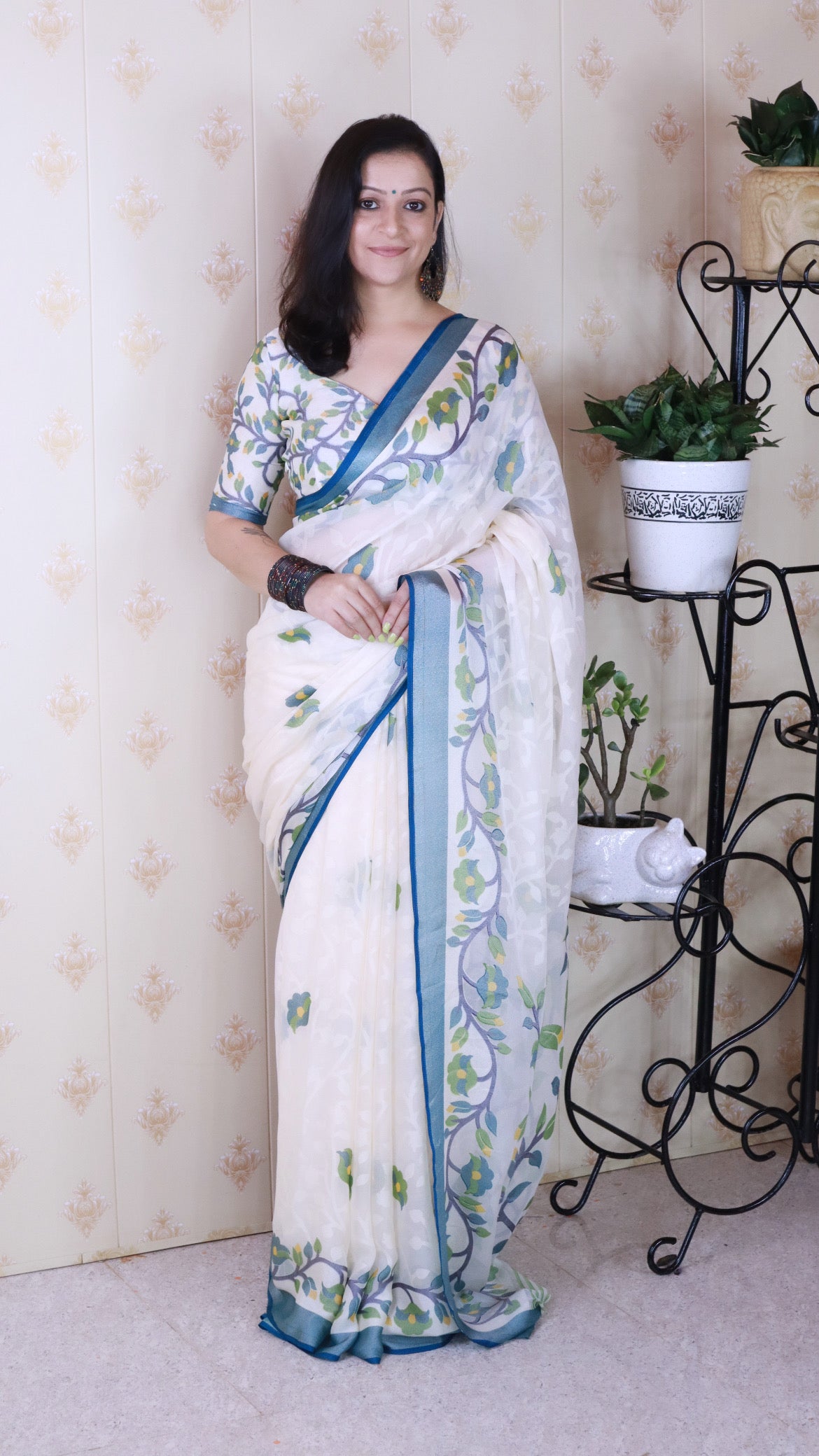 Indigo And Creamy Jamdani Soft Silk Saree