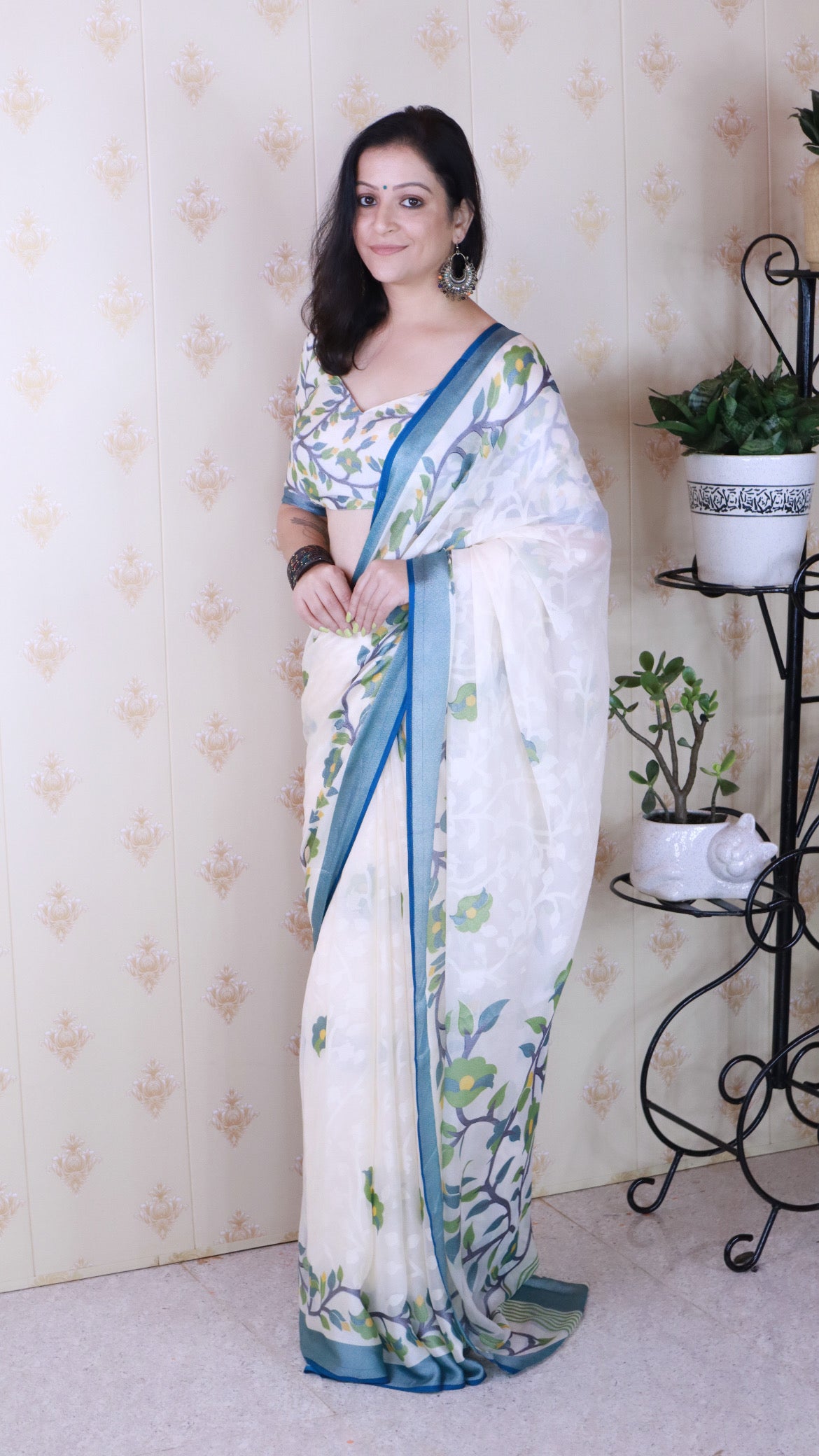 Indigo And Creamy Jamdani Soft Silk Saree