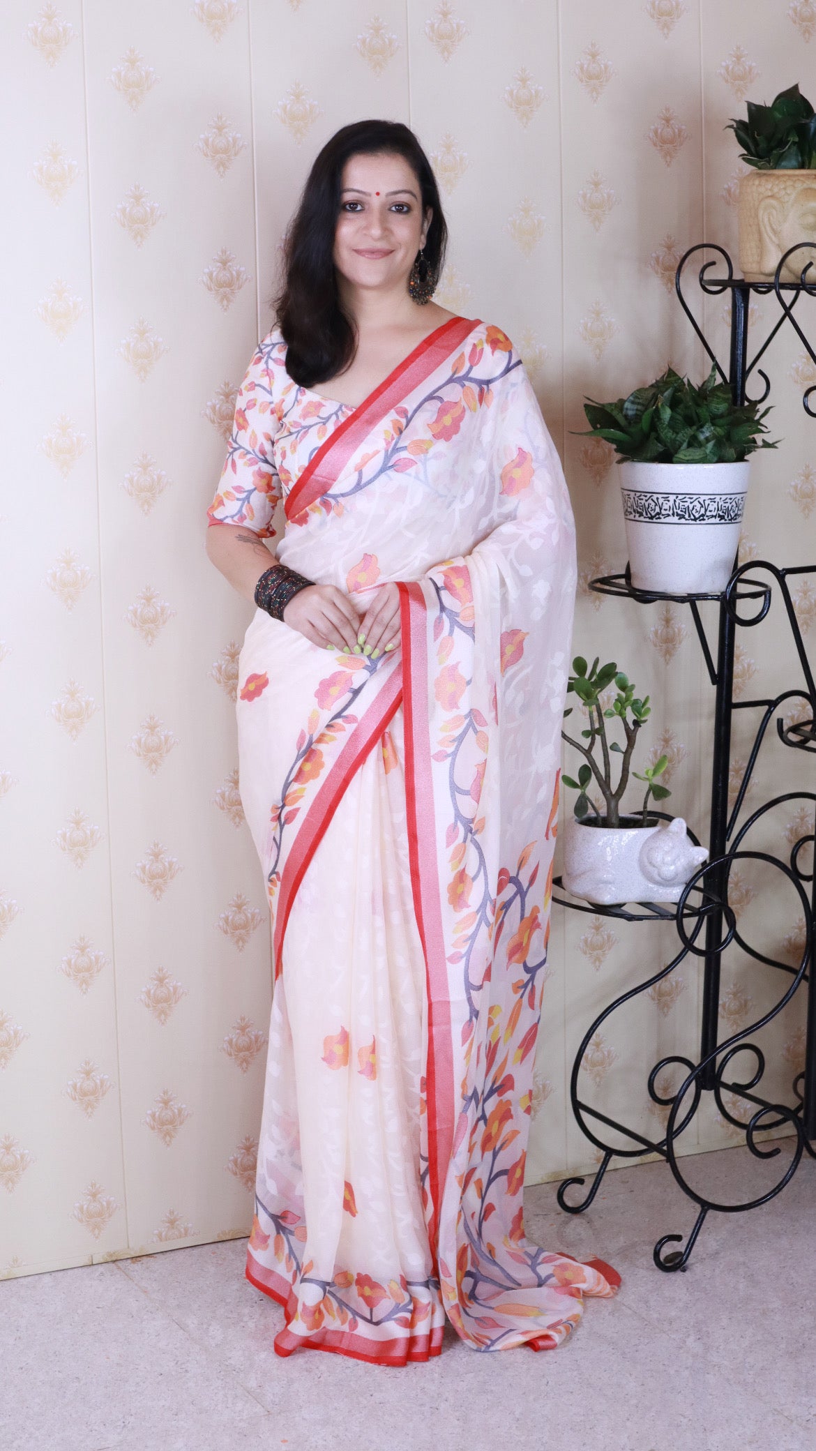 Red And Creamy Jamdani Soft Silk Saree