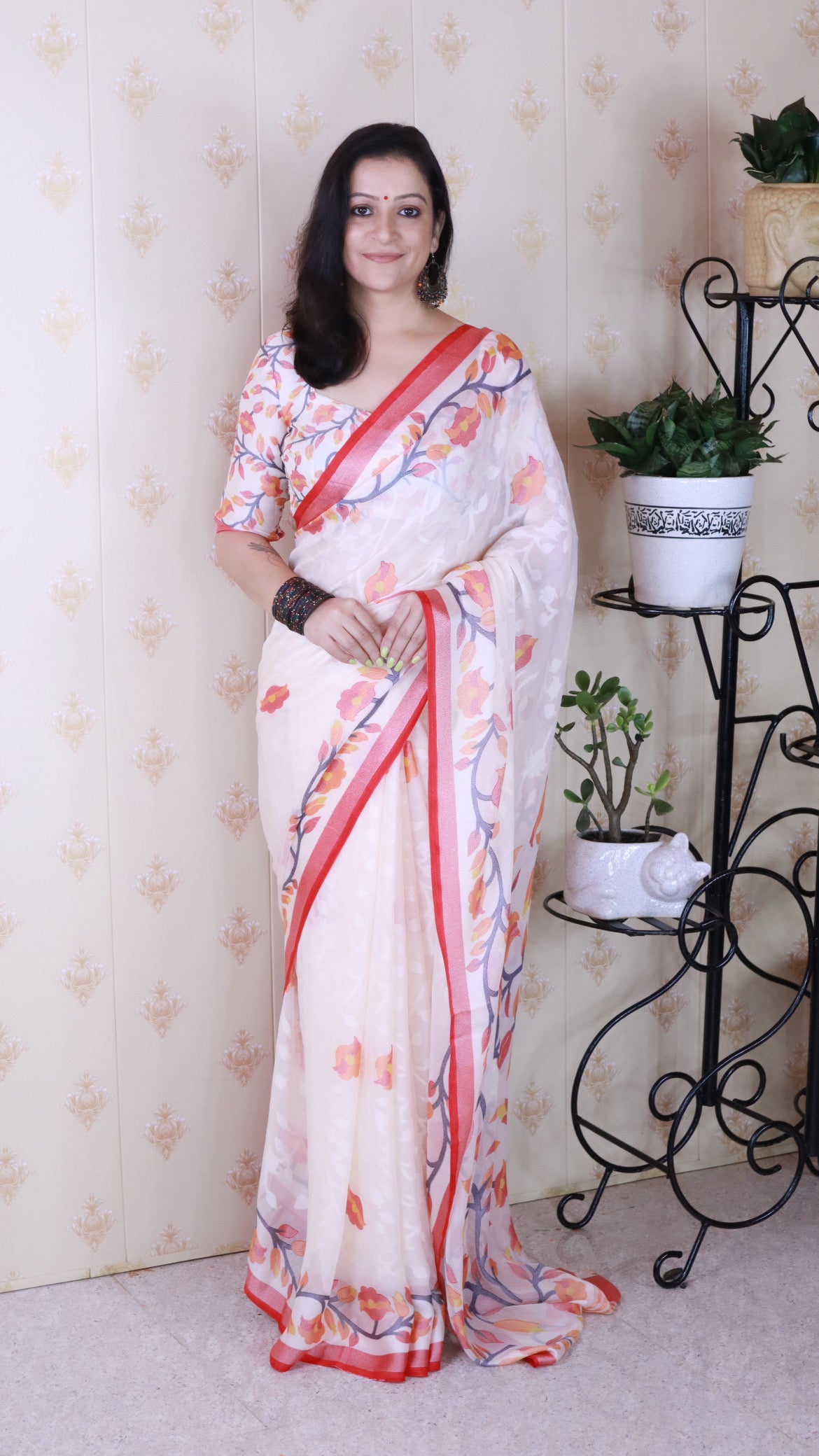 Red And Creamy Jamdani Soft Silk Saree