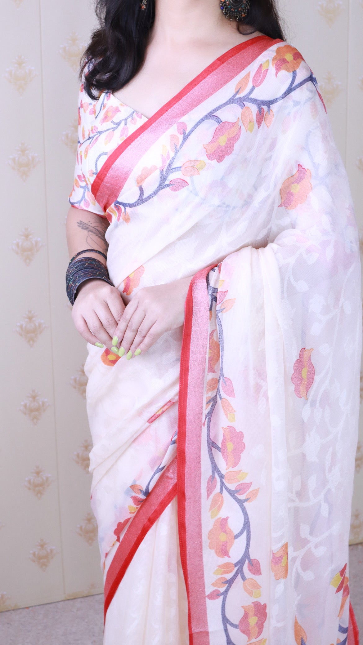 Red And Creamy Jamdani Soft Silk Saree