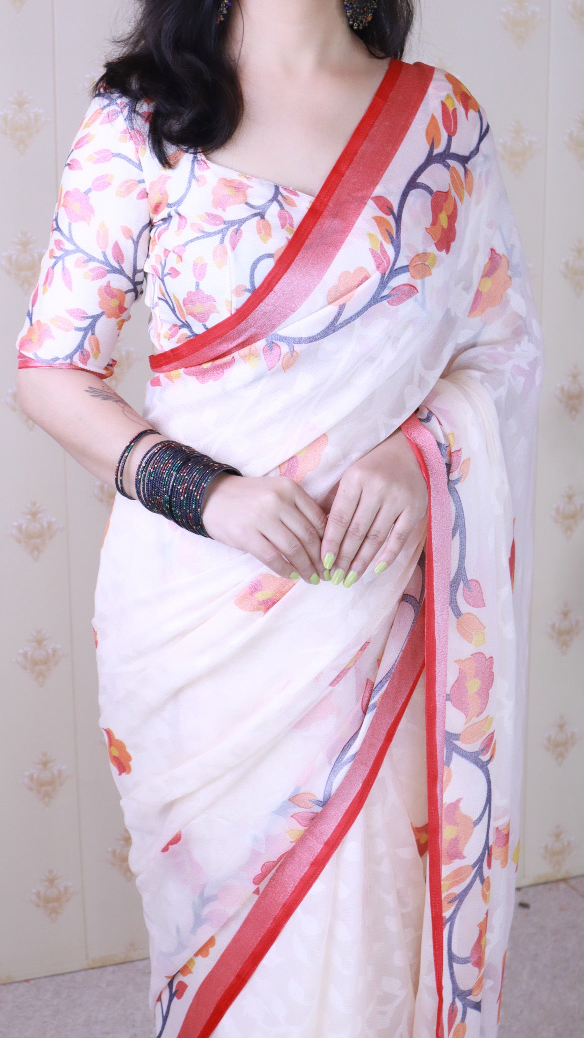 Red And Creamy Jamdani Soft Silk Saree