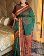 Ember Green Ajrakh With Kalamkari Design Maslin silk Saree With Blouse