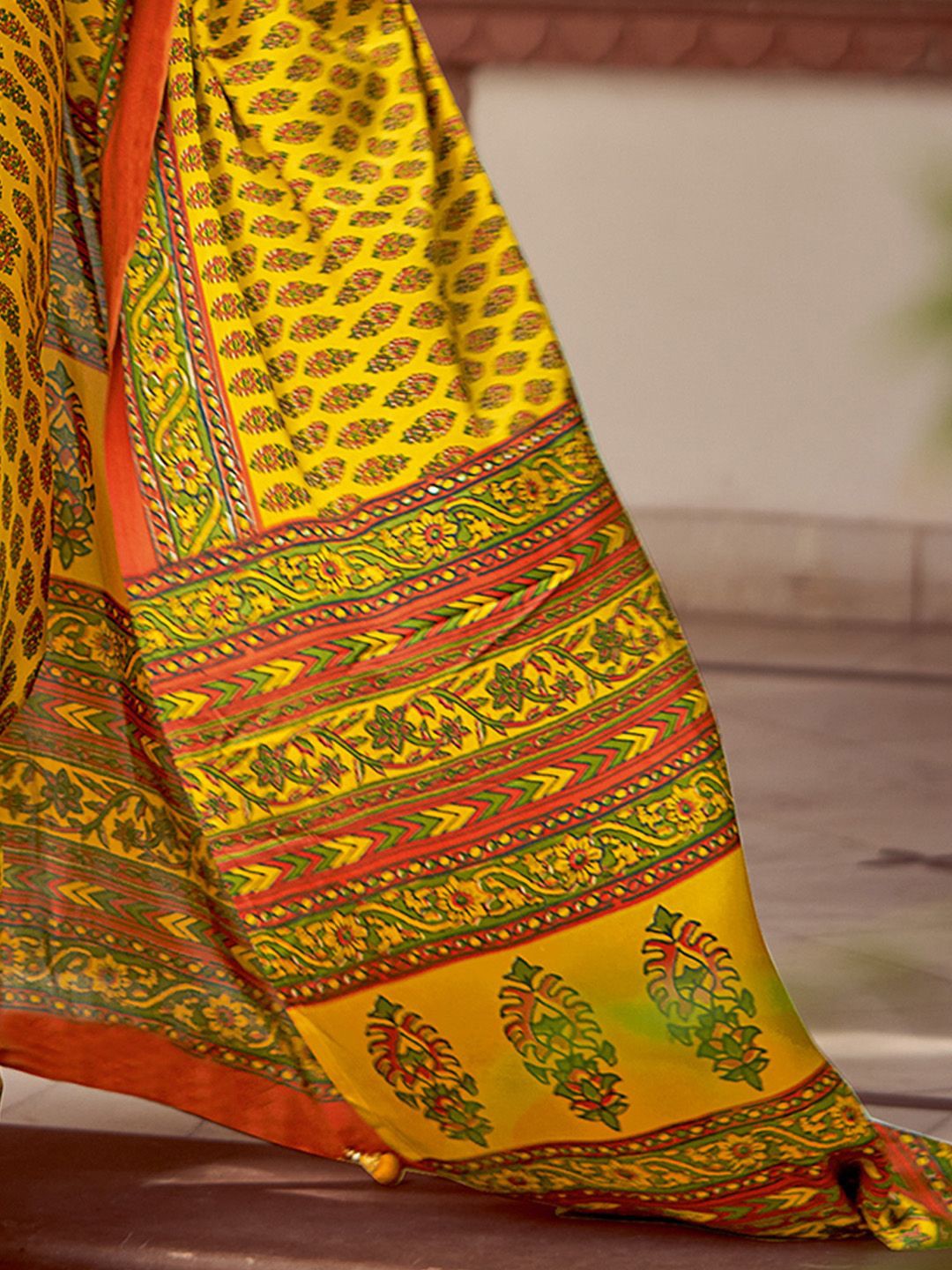 Yellow New Ajrakh Printed Satin Crepe Saree