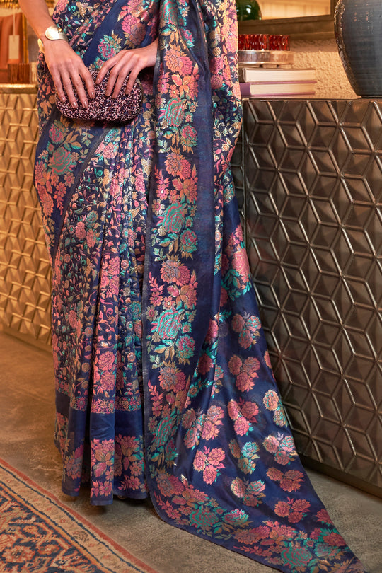 Navy Blue Pashmina Printed  Saree