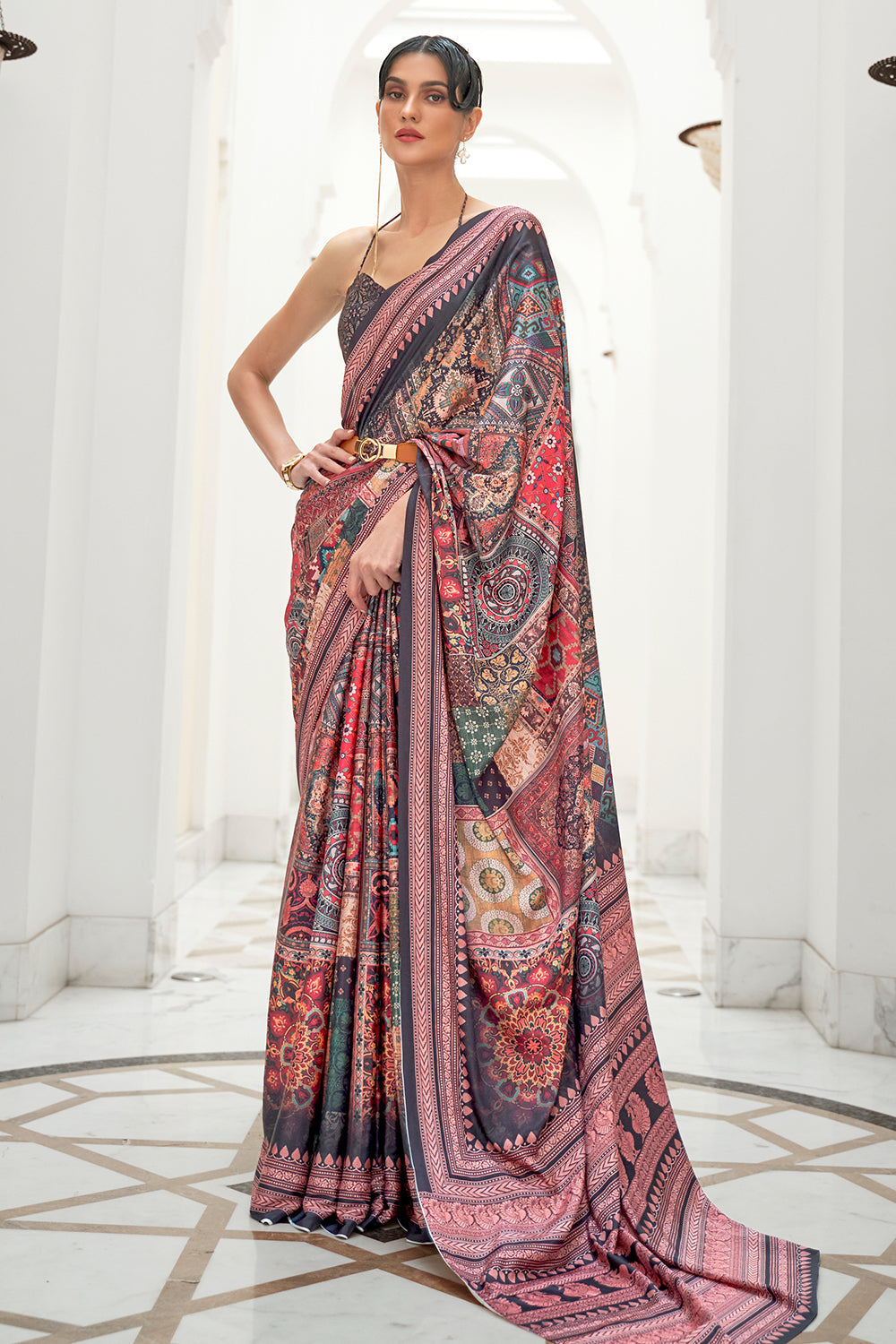 Dusty Grey Digital Printed Crepe Silk Saree