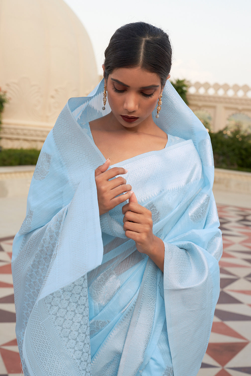 Sky Blue Linen Tissue Silk Saree