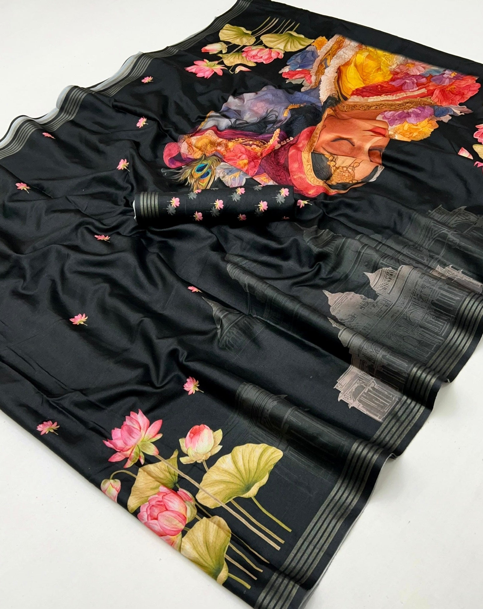 Staggering Black Digital Printed Linen Soft Saree Blouse Piece