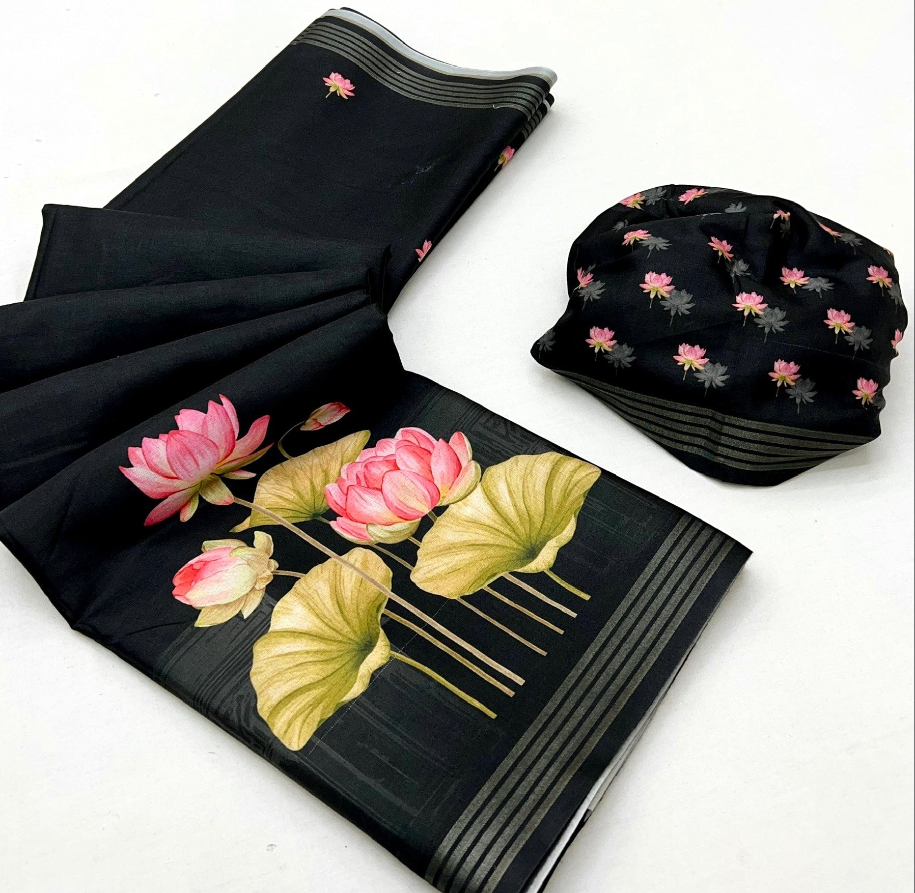 Staggering Black Digital Printed Linen Soft Saree Blouse Piece