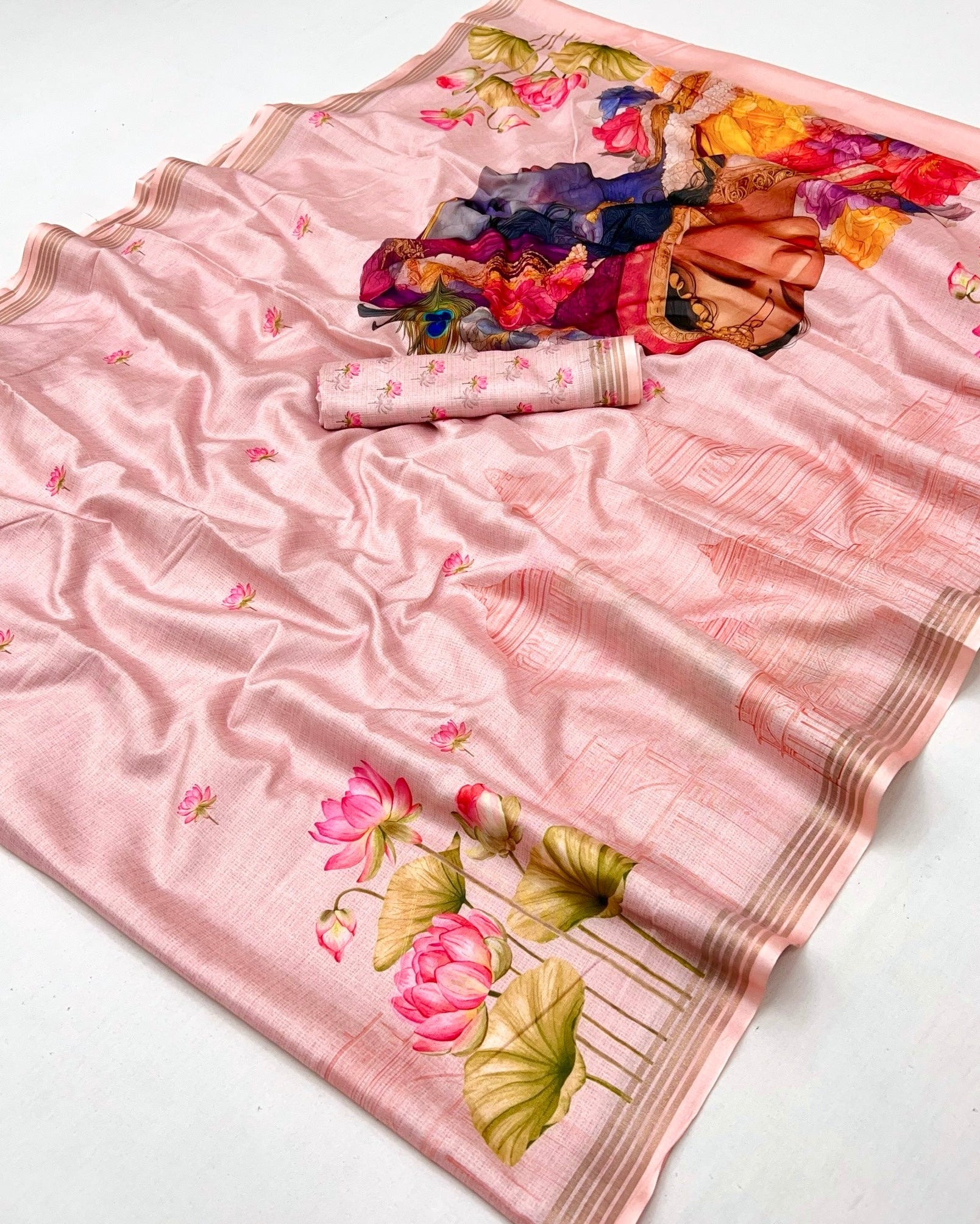 Woebegone Pink Digital Printed Linen Soft Saree Blouse Piece