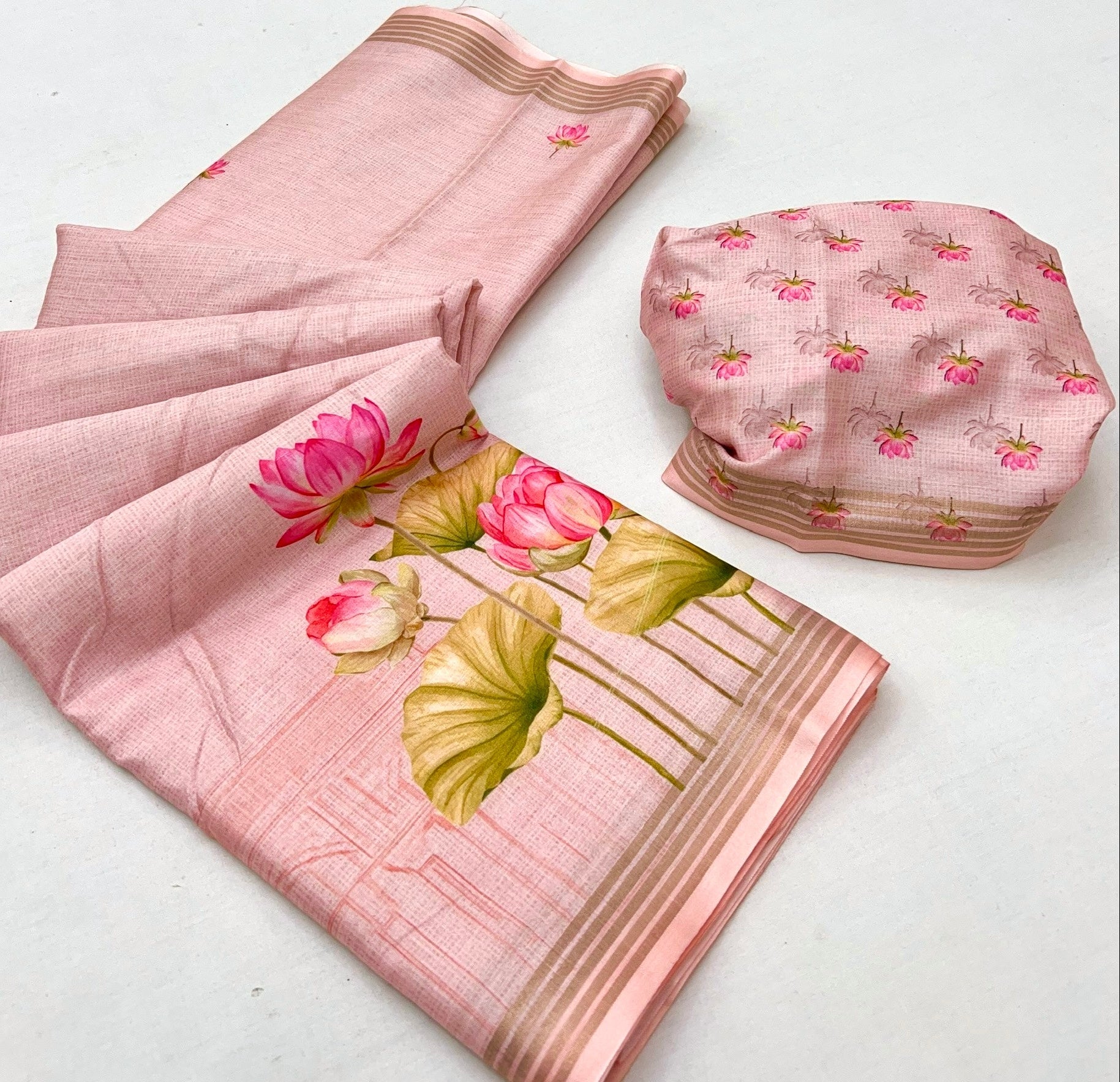 Woebegone Pink Digital Printed Linen Soft Saree Blouse Piece