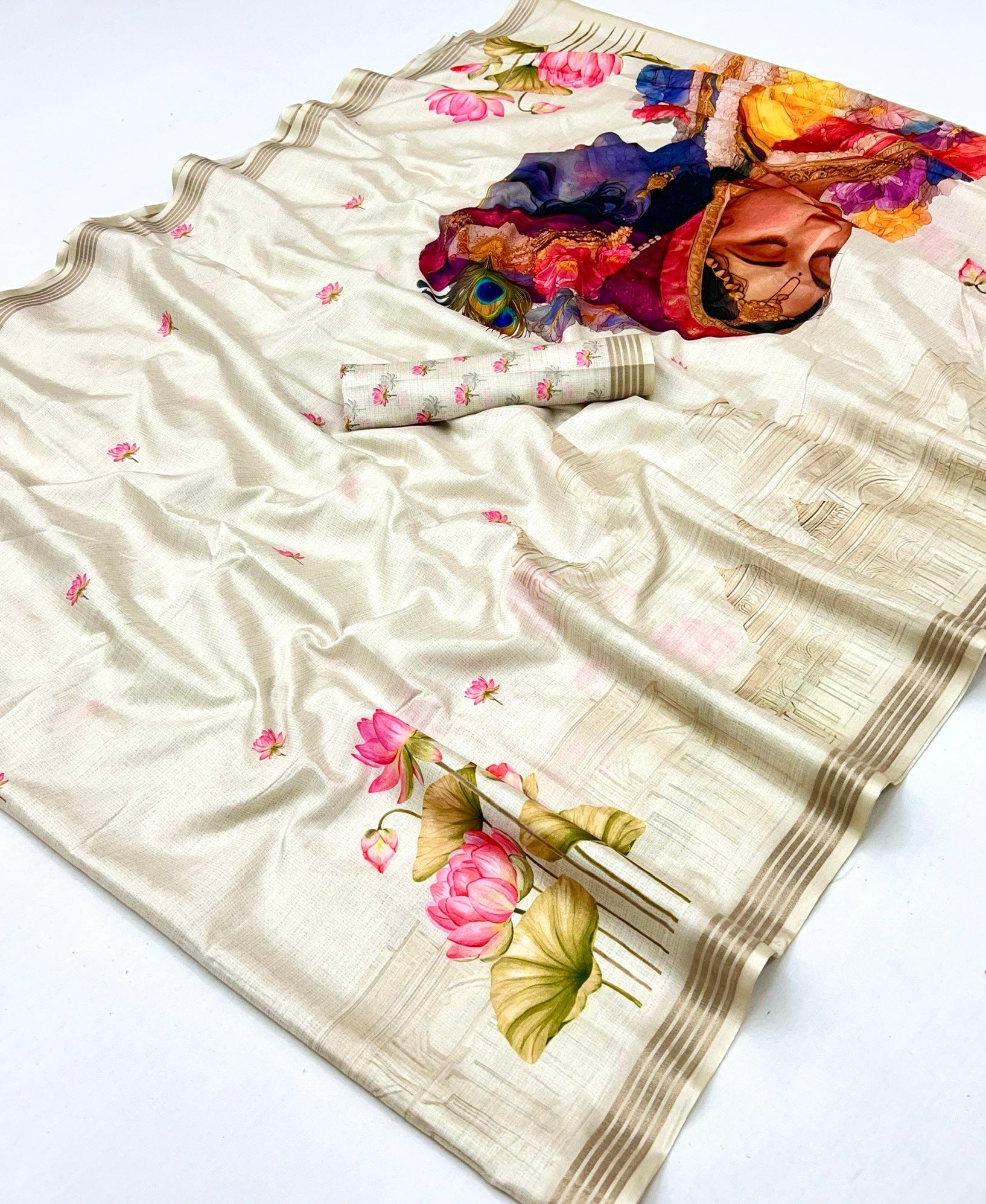 Redolent White Digital Printed Linen Soft Saree Blouse Piece