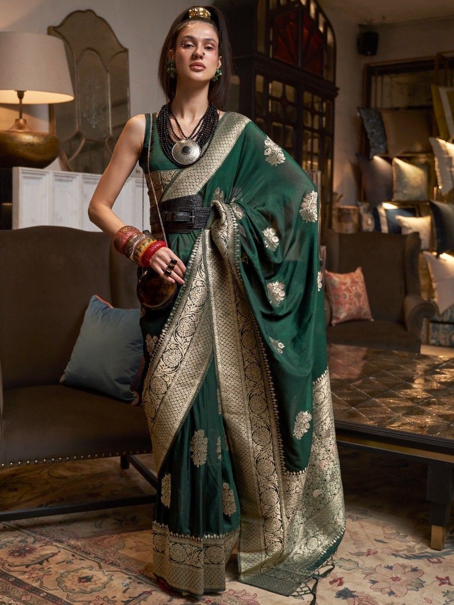 Dark Green Soft Georgette Silk Saree with Silver Zari Weaving