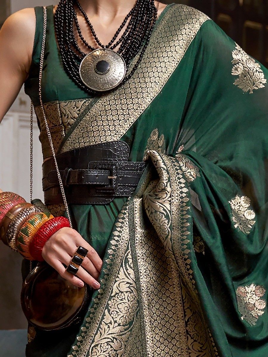 Dark Green Soft Georgette Silk Saree with Silver Zari Weaving
