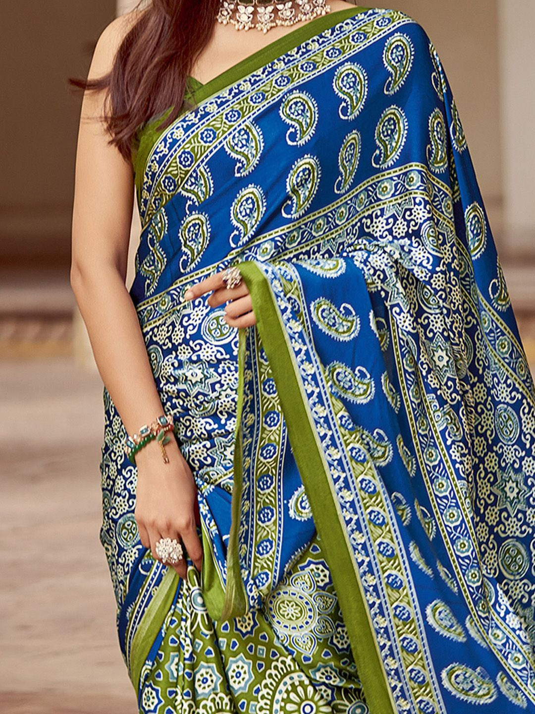 Blue New Ajrakh Printed Satin Crepe Saree