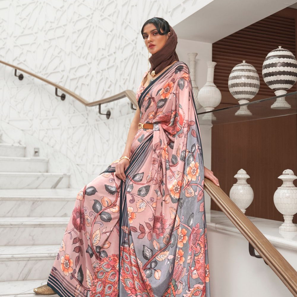 Light Pink Digital Printed Crepe Silk Saree
