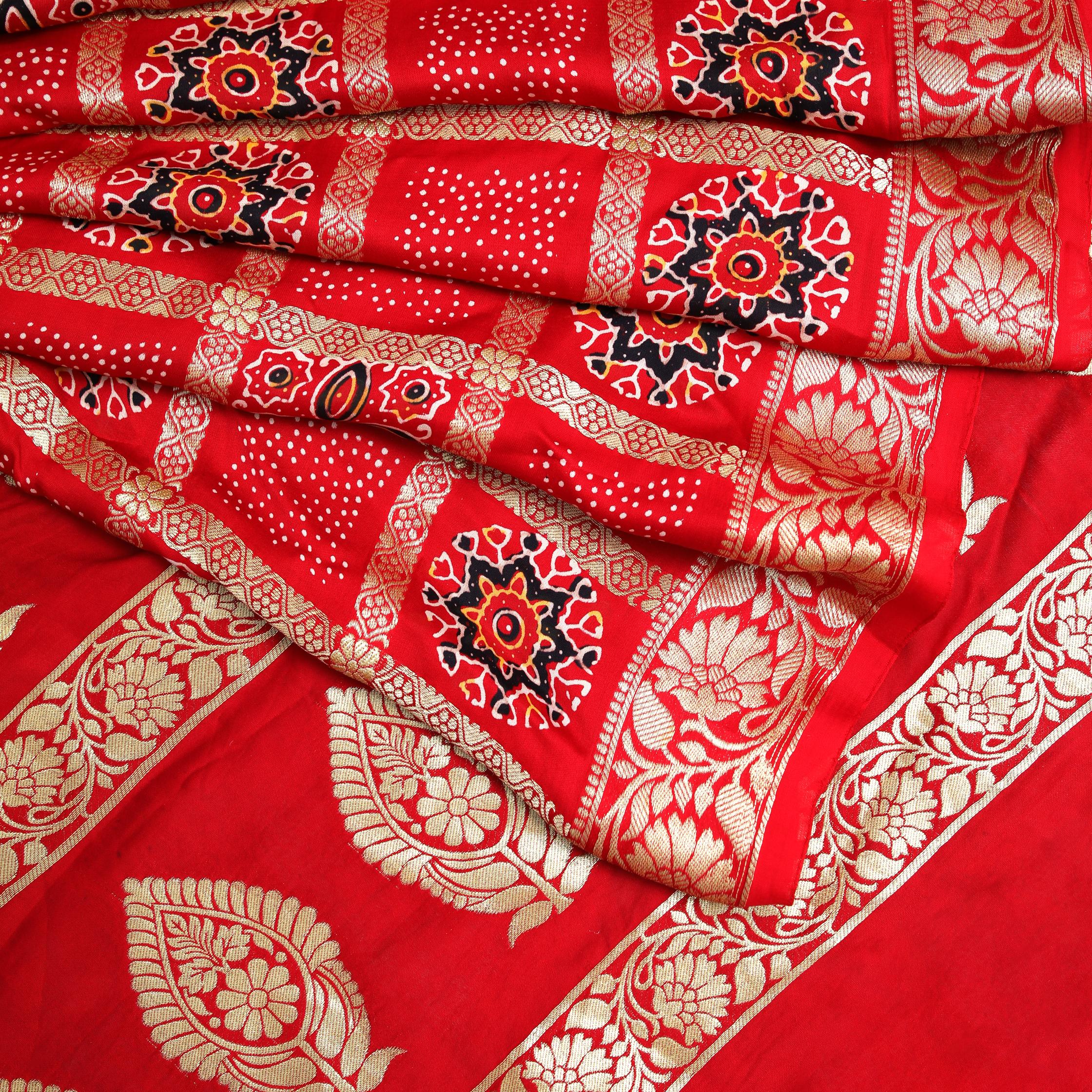 Red Ajrakh Gharchola Hand Block Pure Modal Silk Saree With Fancy Zari Pallu