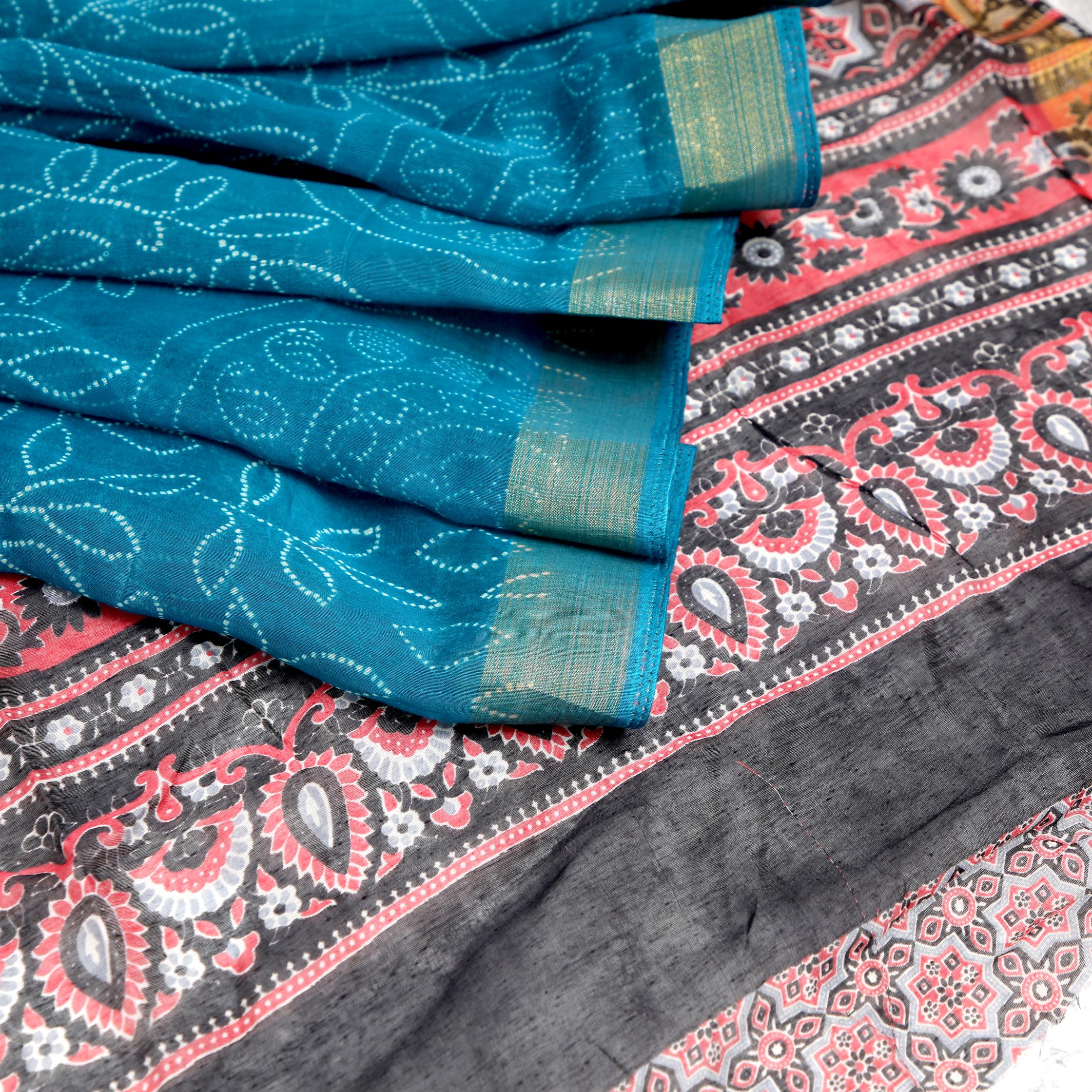 Rama Bandhni Chanderi Cotton Ajrakh Pallu Saree