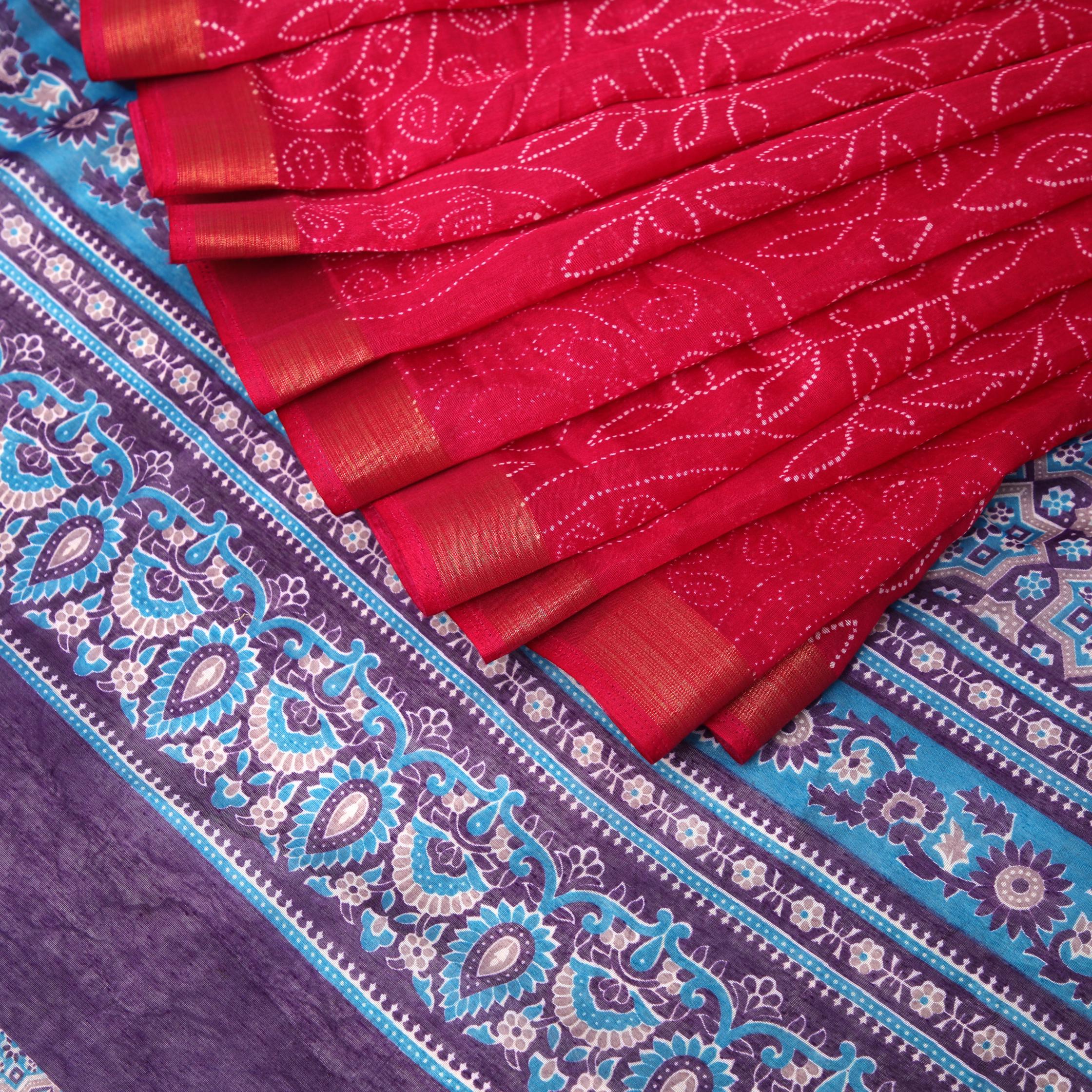 Redish Rani Bandhni Chanderi Cotton Ajrakh Pallu Saree