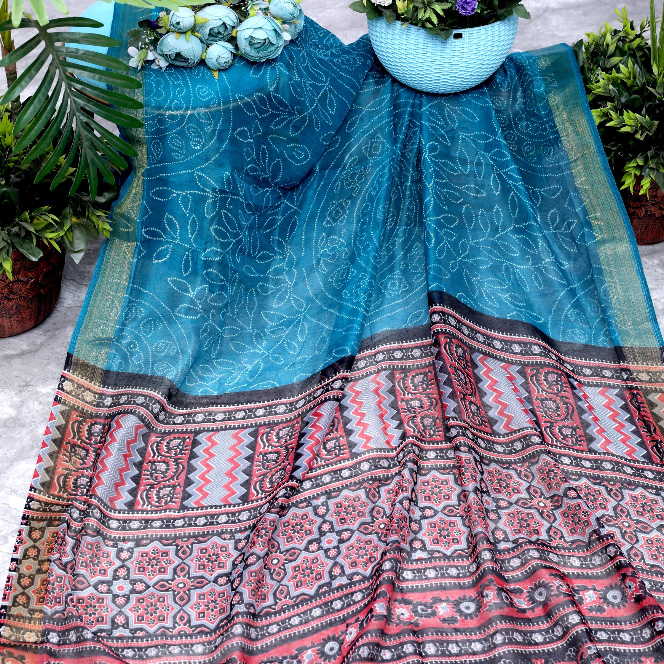 Rama Bandhni Chanderi Cotton Ajrakh Pallu Saree