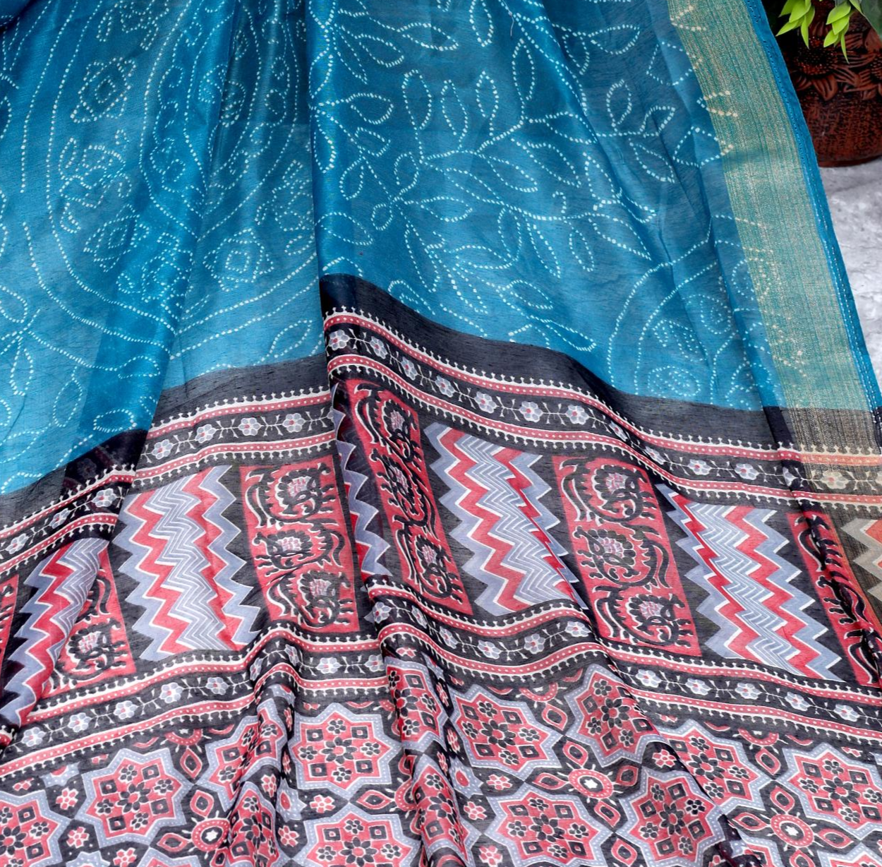 Rama Bandhni Chanderi Cotton Ajrakh Pallu Saree