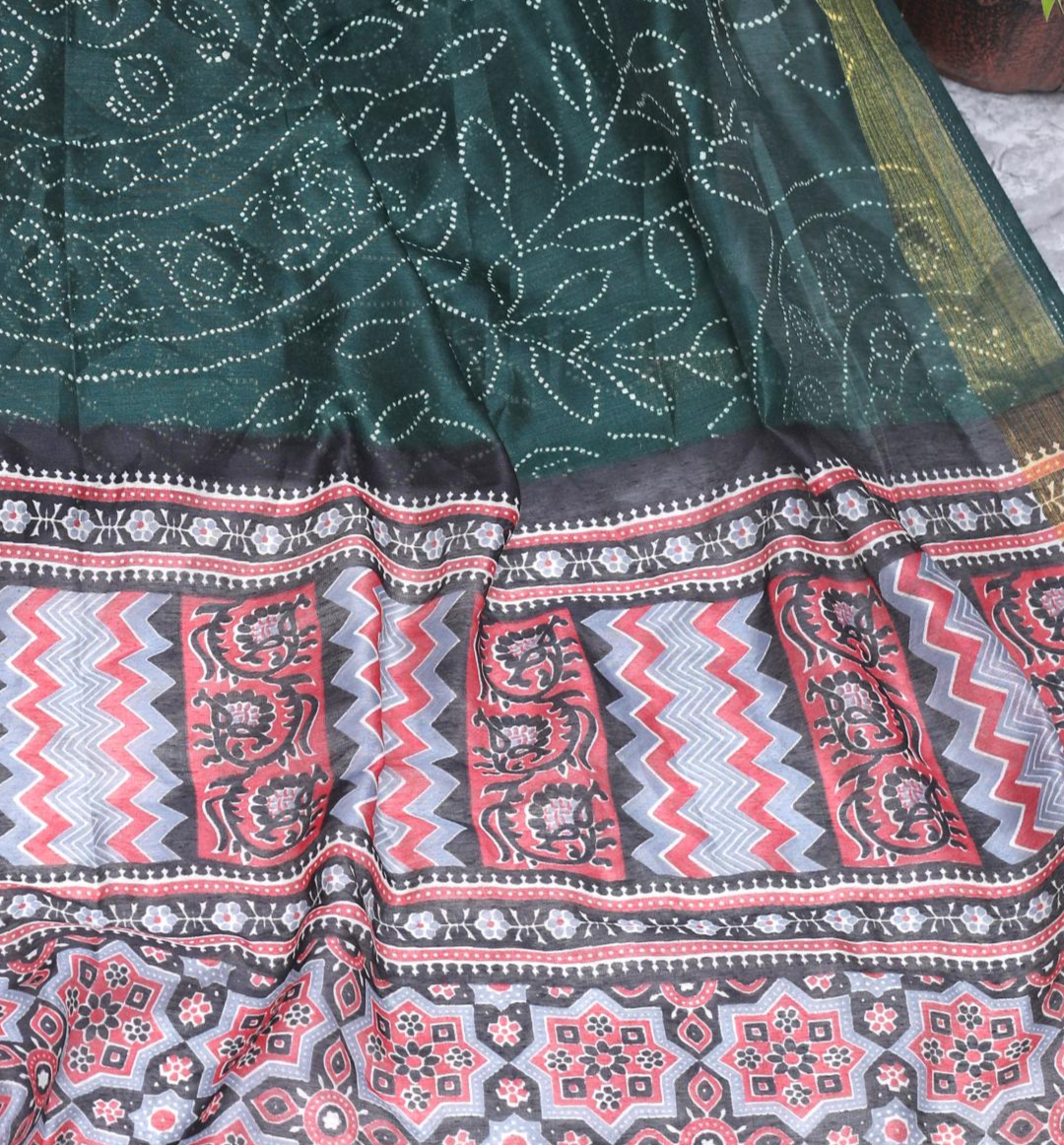 Green  Bandhni Chanderi Cotton Ajrakh Pallu Saree