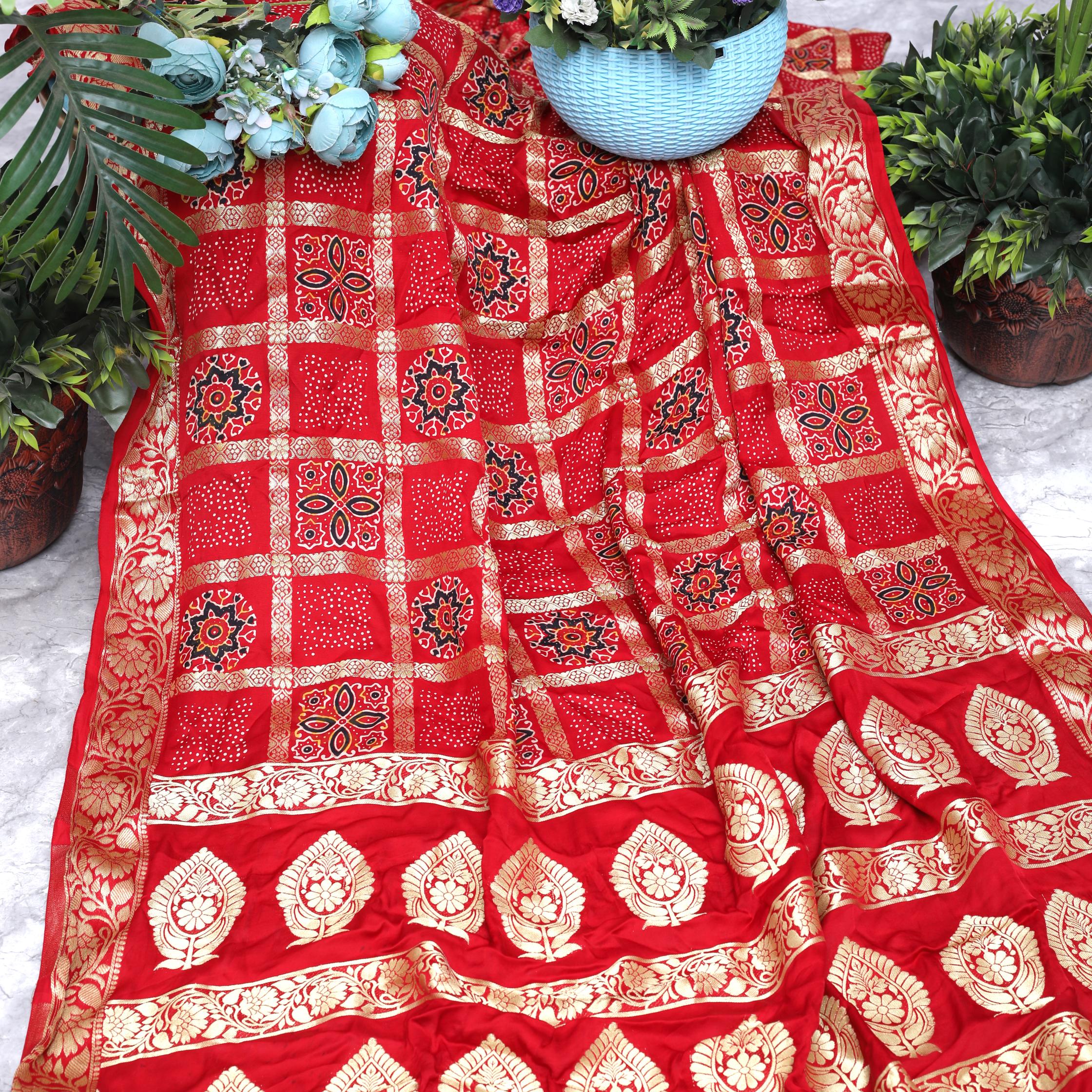 Red Ajrakh Gharchola Hand Block Pure Modal Silk Saree With Fancy Zari Pallu