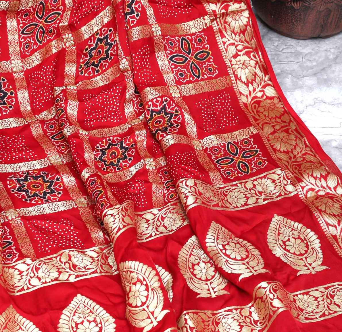 Red Ajrakh Gharchola Hand Block Pure Modal Silk Saree With Fancy Zari Pallu