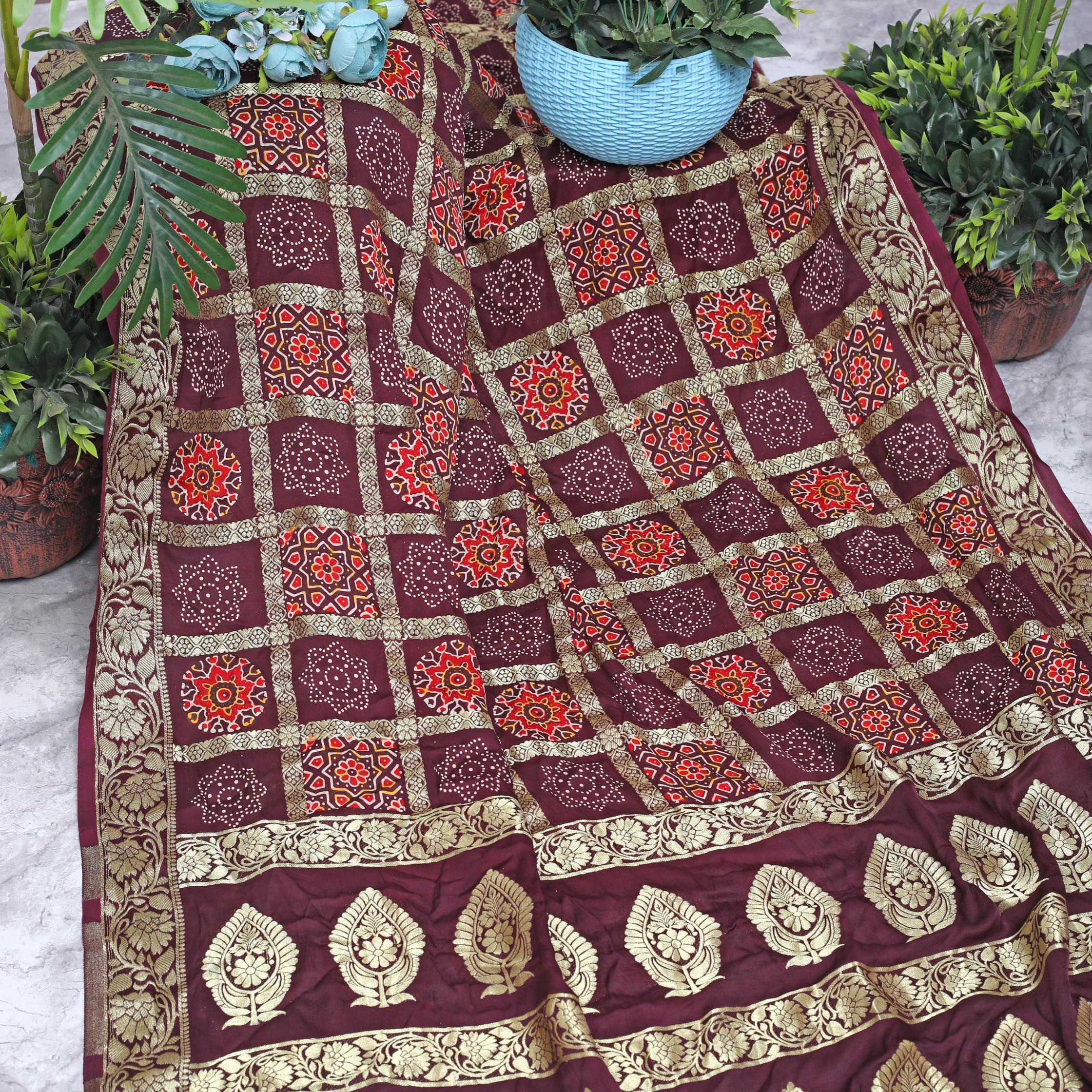 Wine Ajrakh Gharchola Hand Block Pure Modal Silk Saree With Fancy Zari Pallu