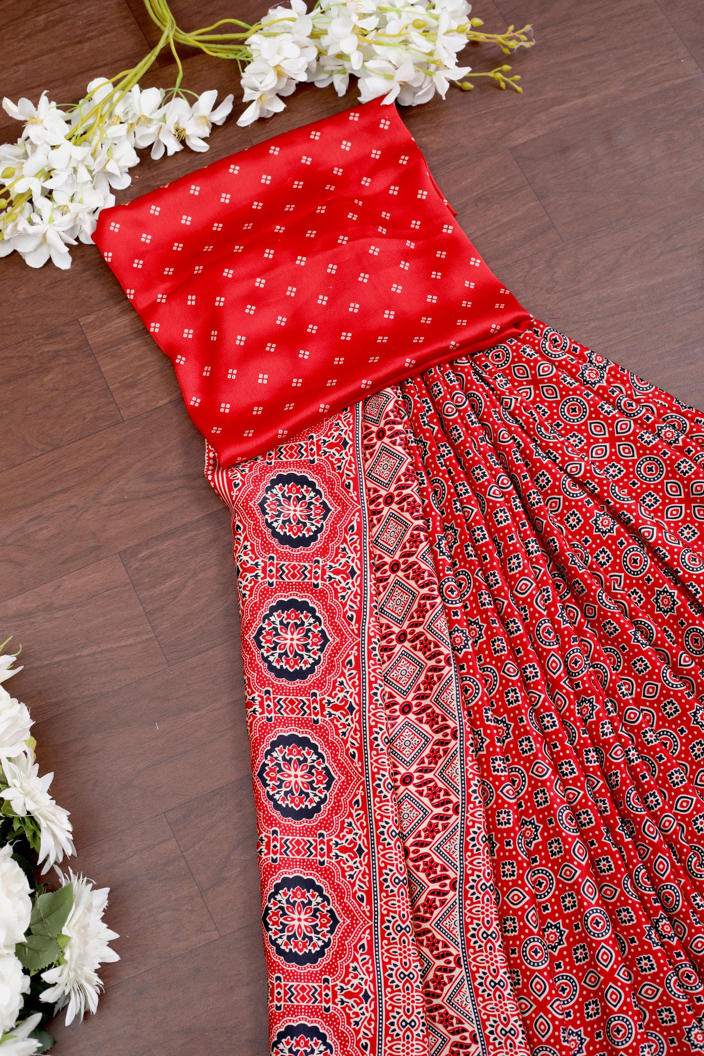 Red Ajrakh Printed Soft Modal Silk Natural Print Saree P1-1