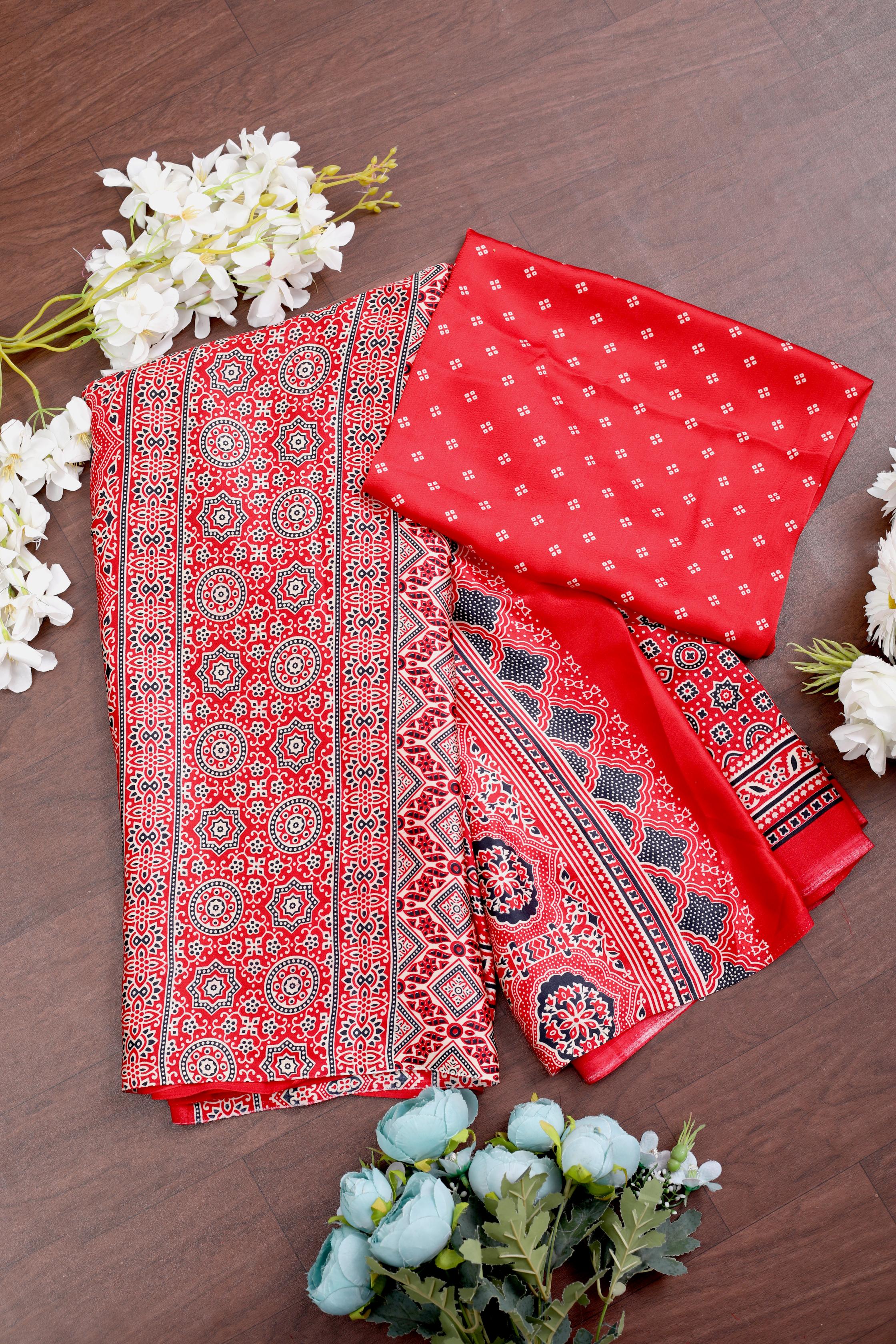 Red Ajrakh Printed Soft Modal Silk Natural Print Saree P1-1