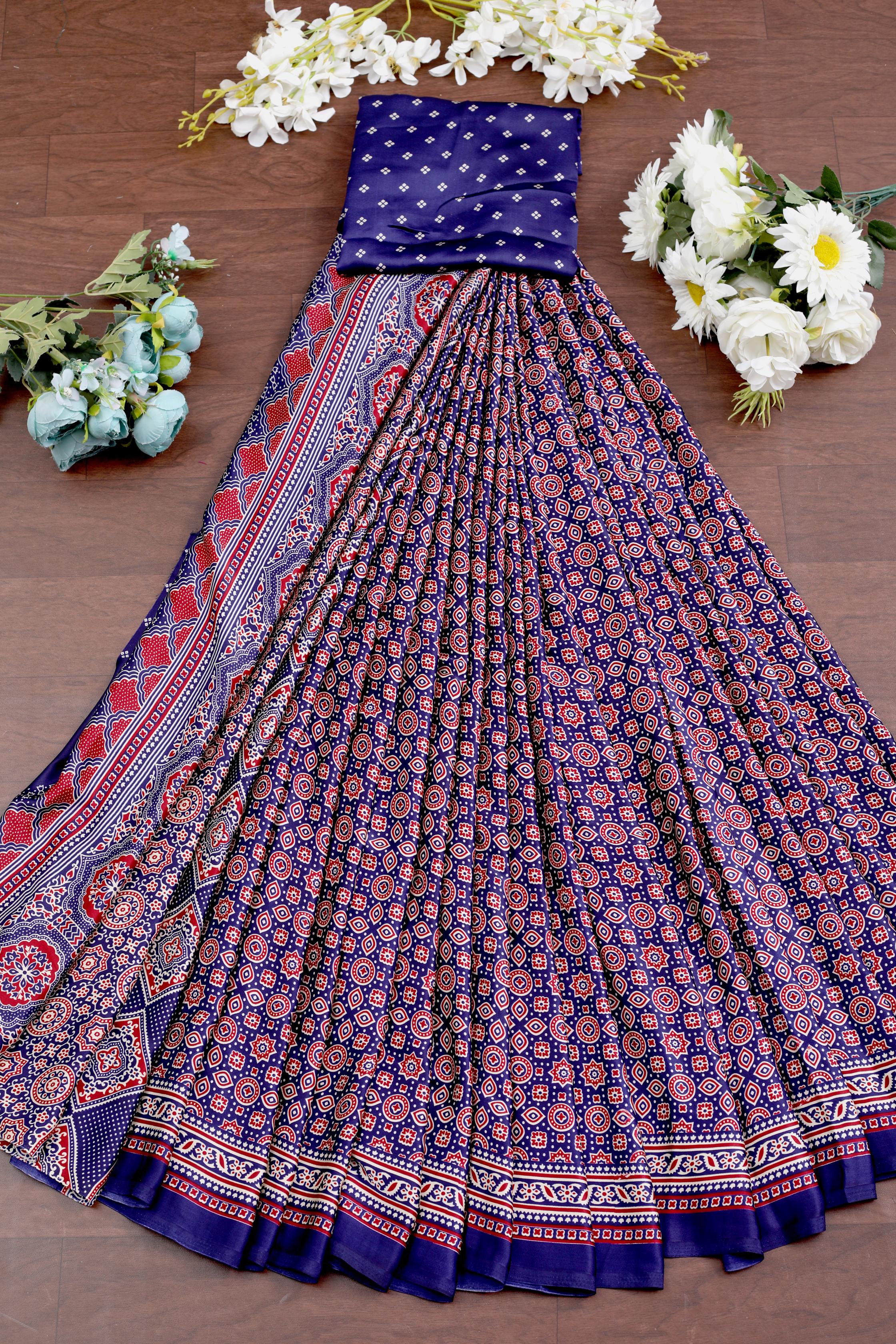 Blue Ajrakh Printed Soft Modal Silk Natural Print Saree P1-1