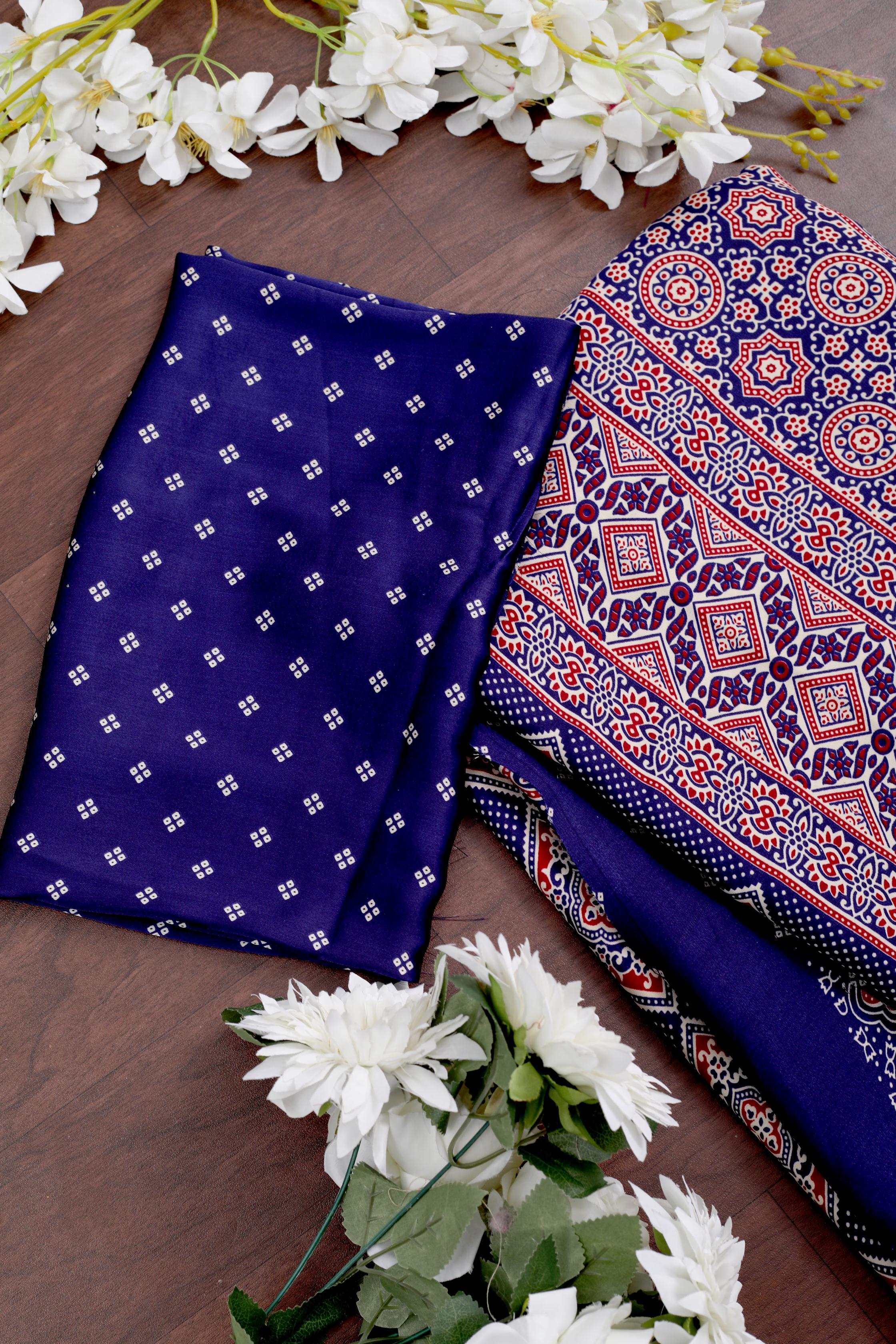 Blue Ajrakh Printed Soft Modal Silk Natural Print Saree P1-1