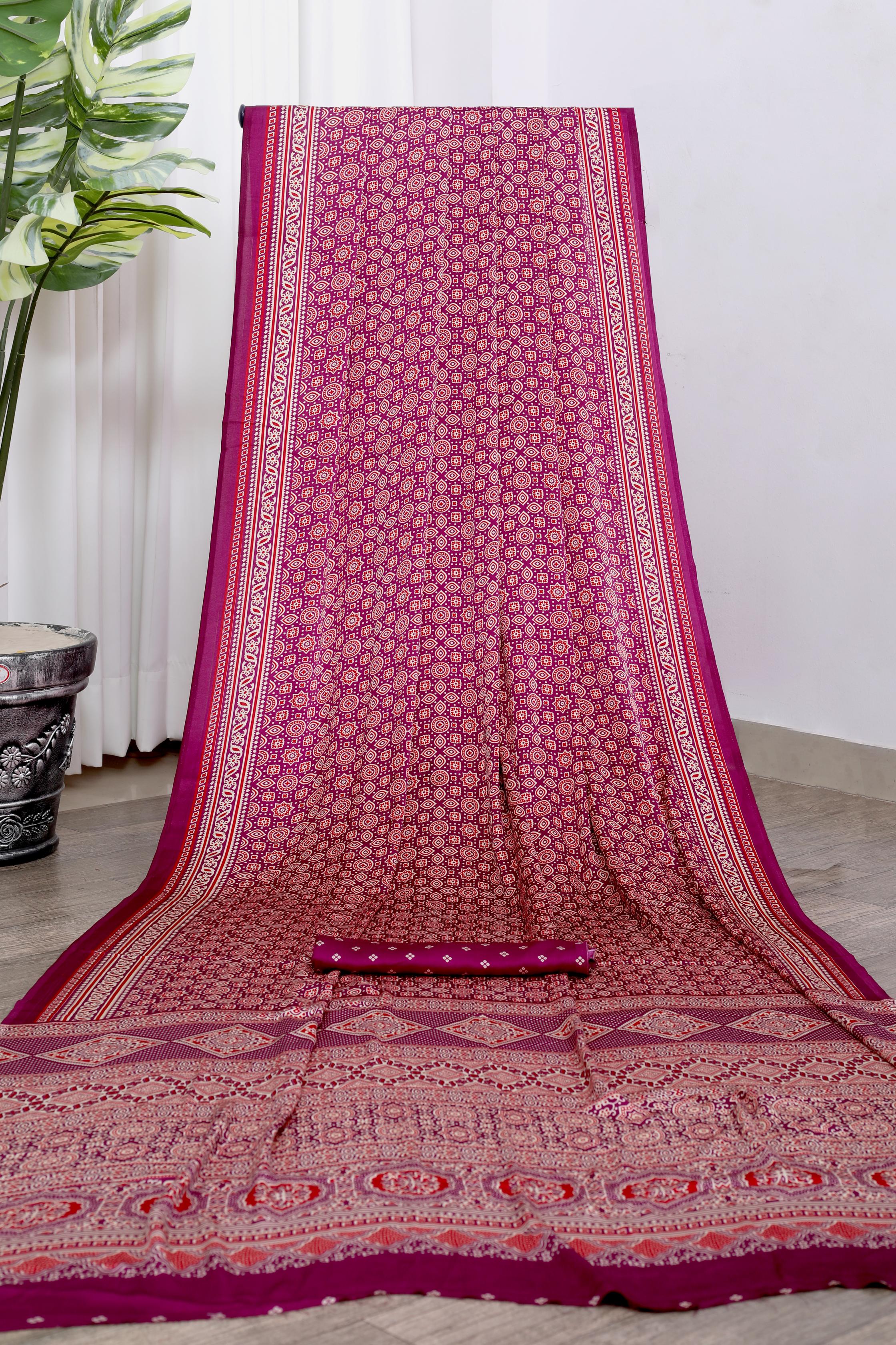 Wine Ajrakh Printed Soft Modal Silk Natural Print Saree P1-1